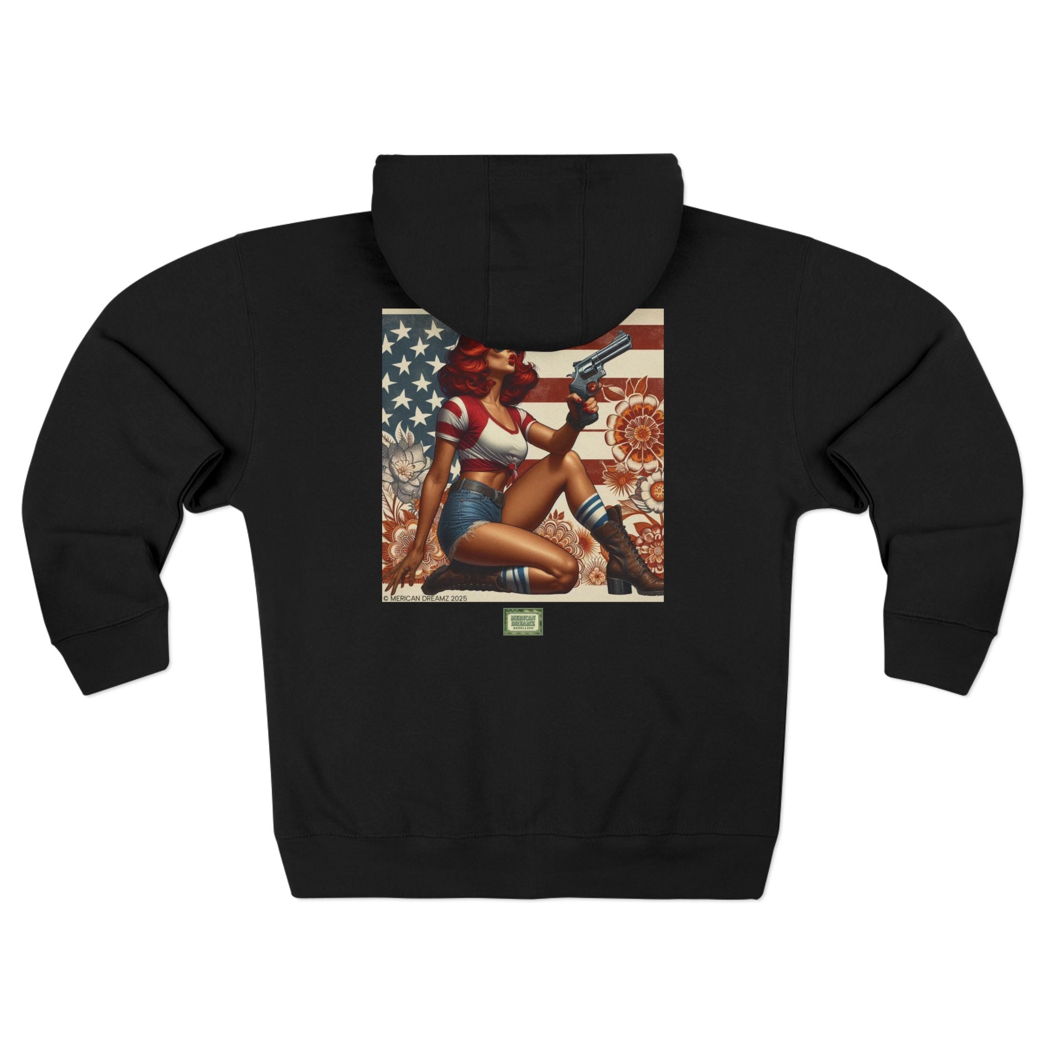 Americana Pinup Cowgirl with 44 Magnum Zip Hoodie — Retro Vintage Patriotic Graphic