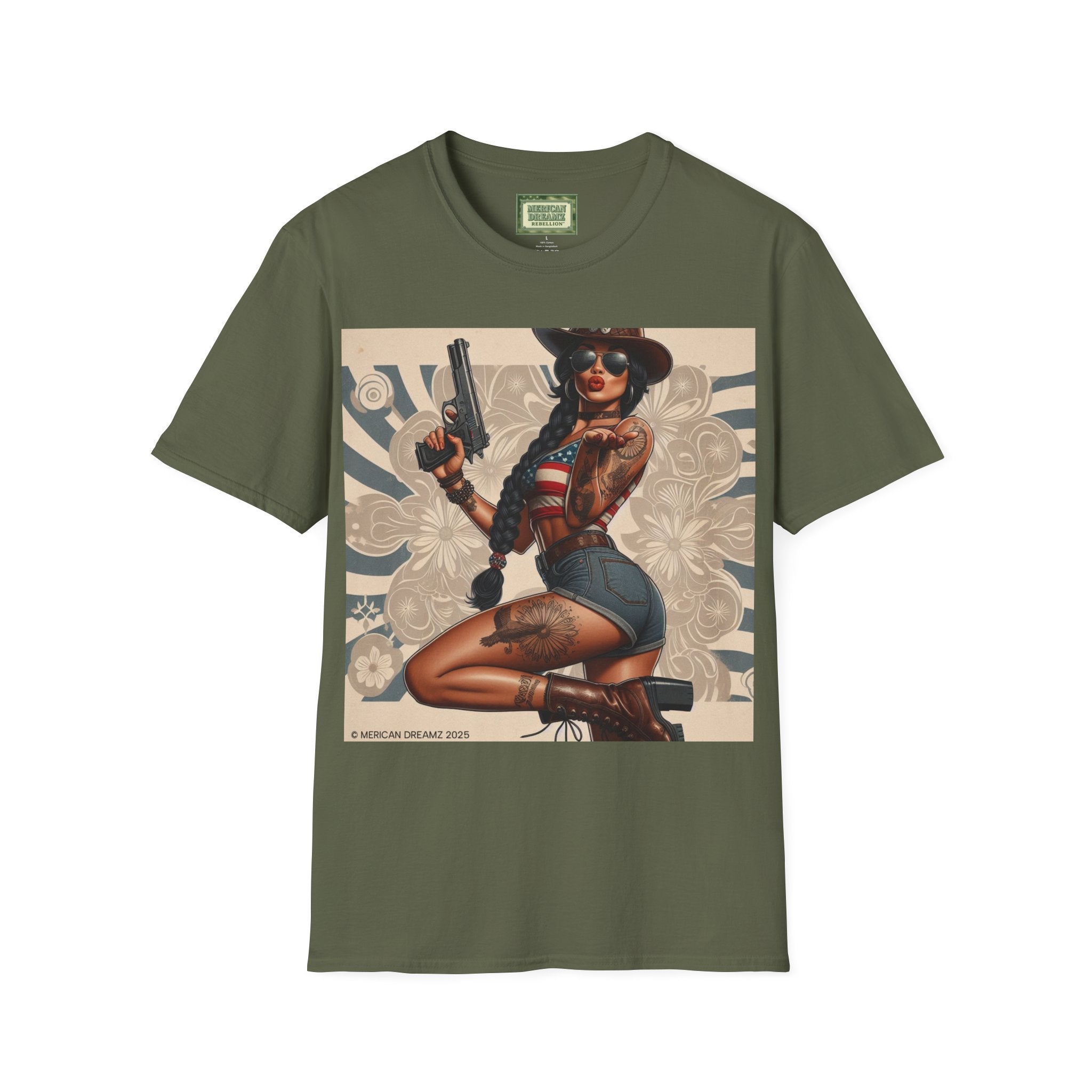 Pin-Up Americana T-Shirt — Retro Floral Gun Cowgirl Vintage Style (US Only)
