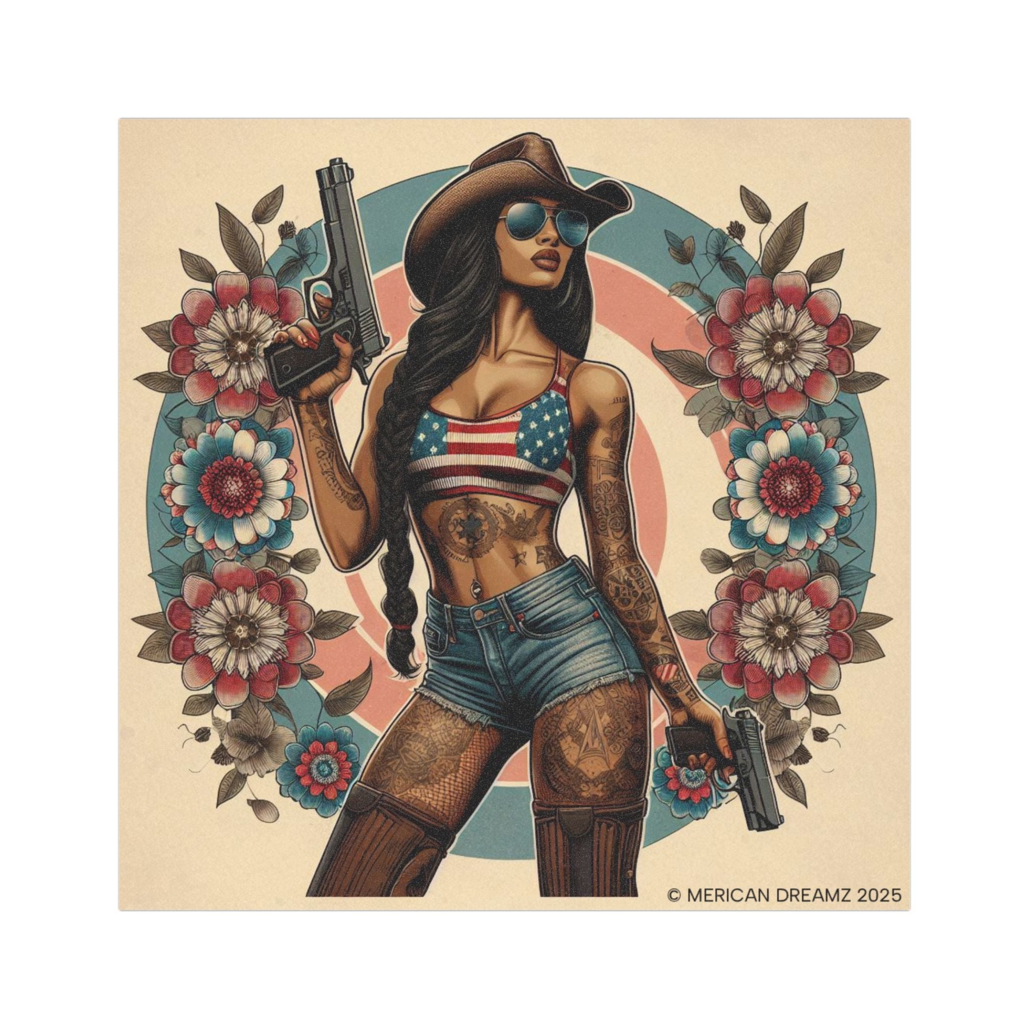 Car Magnet Americana Cowgirl with Pistols | Square Vintage Floral