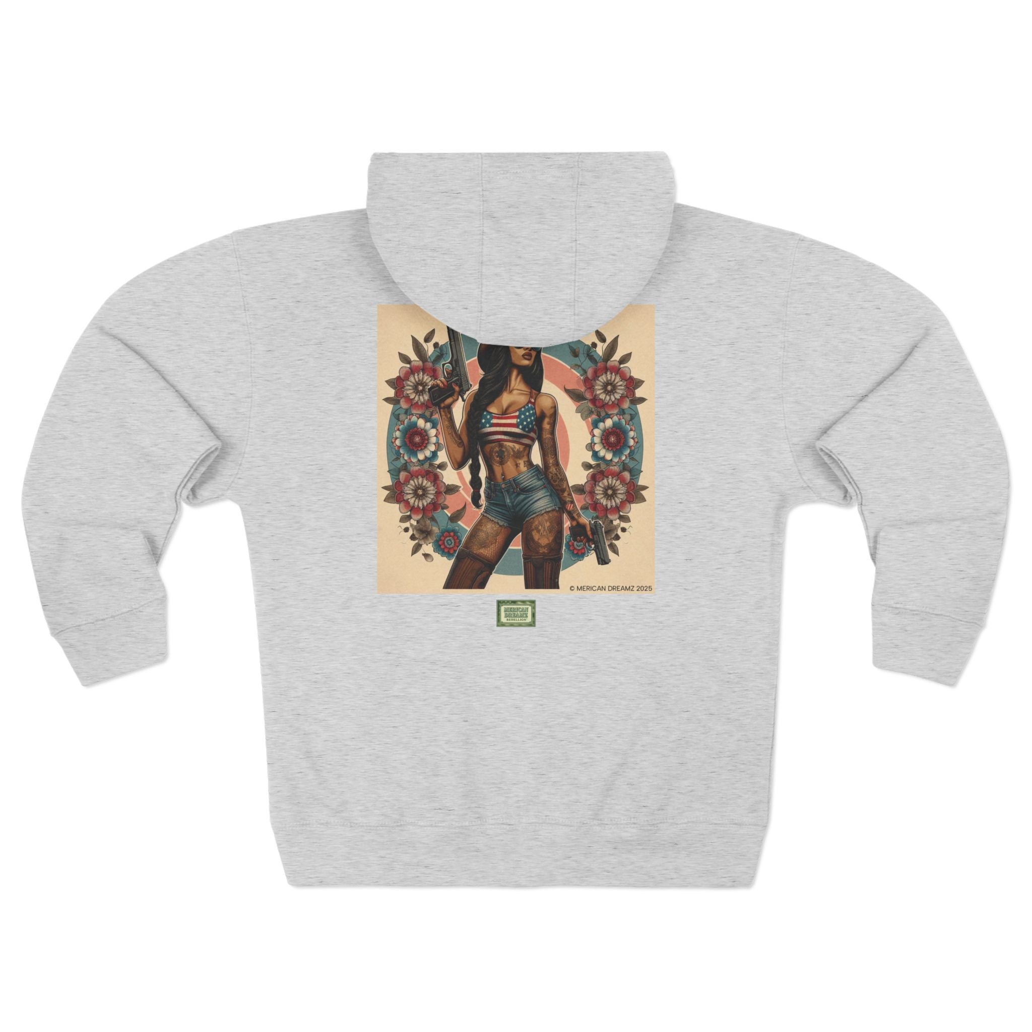 Americana Pinup Cowgirl with 9mm Zip Hoodie — Retro Vintage Patriotic Graphic