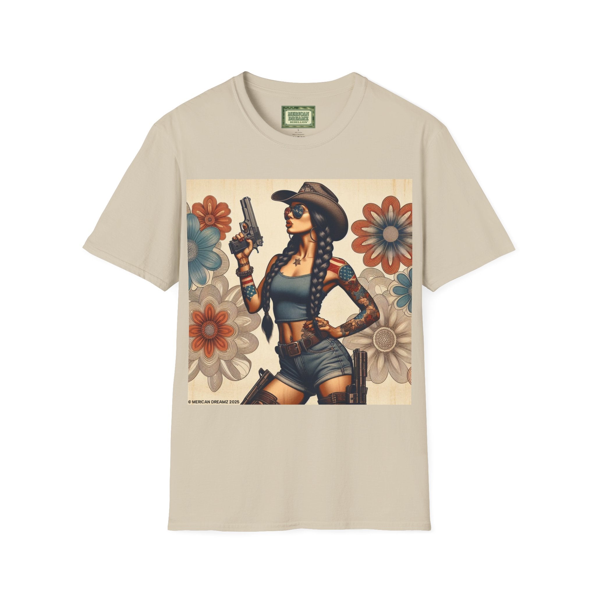 Pin-Up Americana T-Shirt — Retro Floral Gun Cowgirl Vintage Style (US Only)