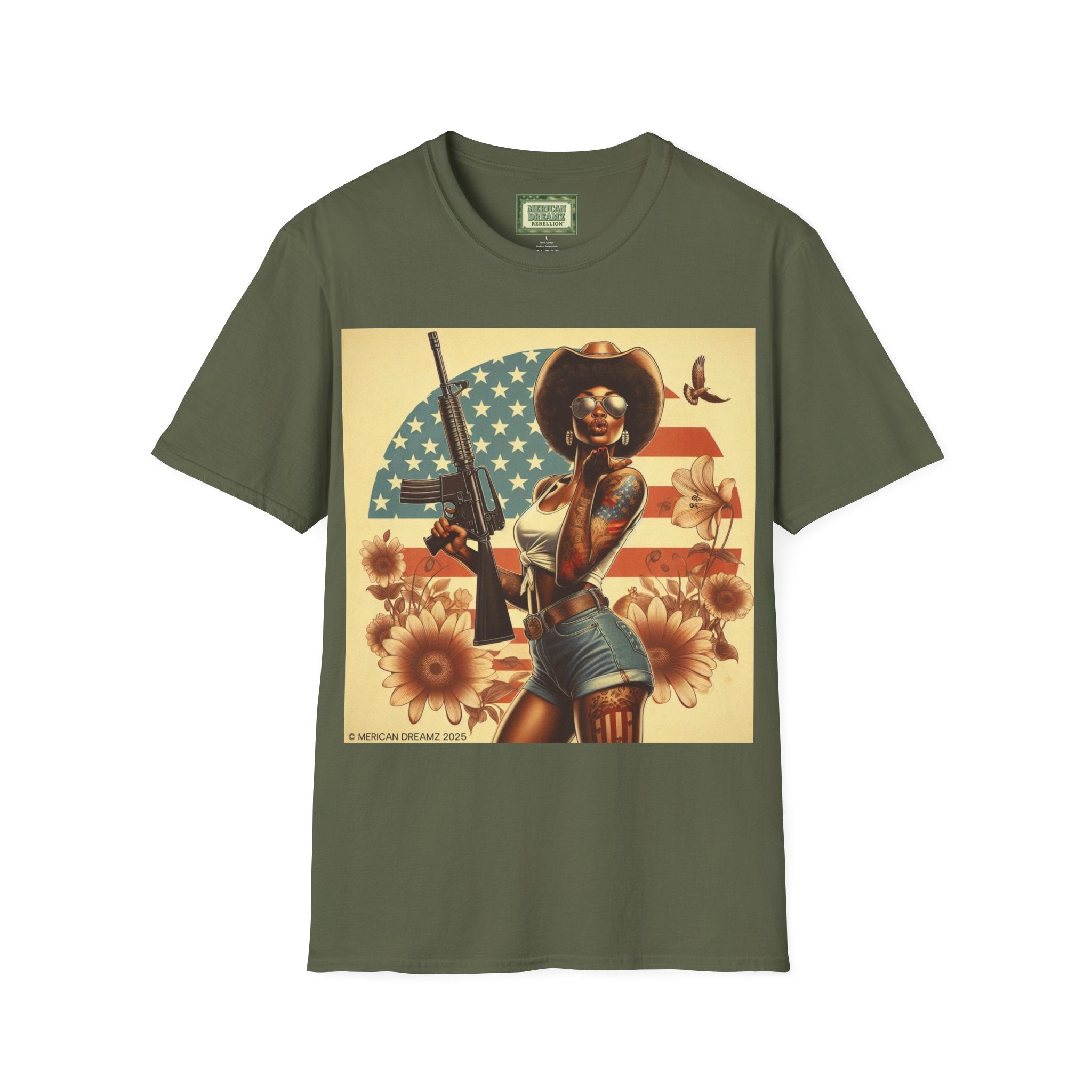Pin-Up Americana T-Shirt — Retro Floral Gun Cowgirl Vintage Style (US Only)