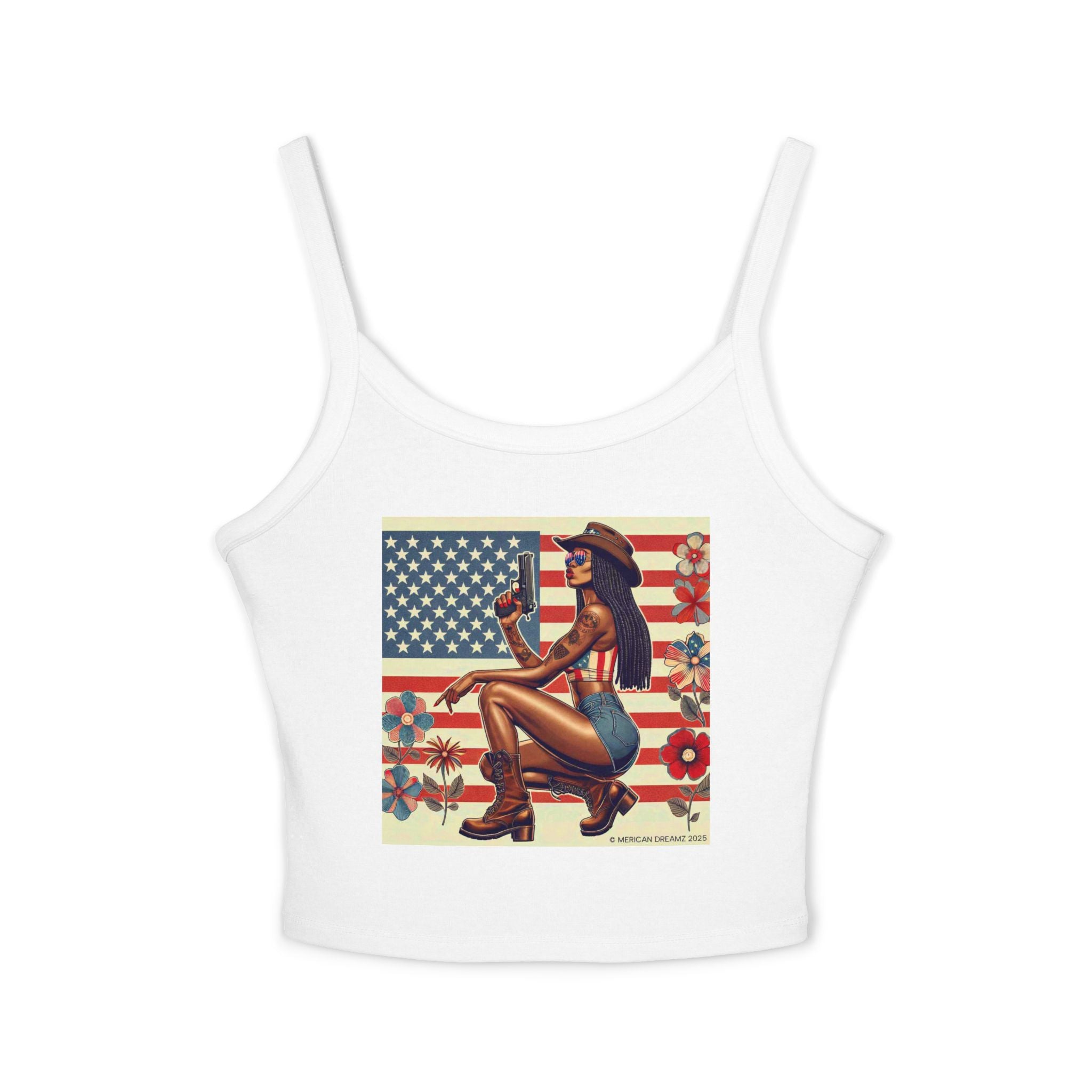 Retro Pinup Girl Tank Top — Vintage Flag & Floral Spaghetti Strap
