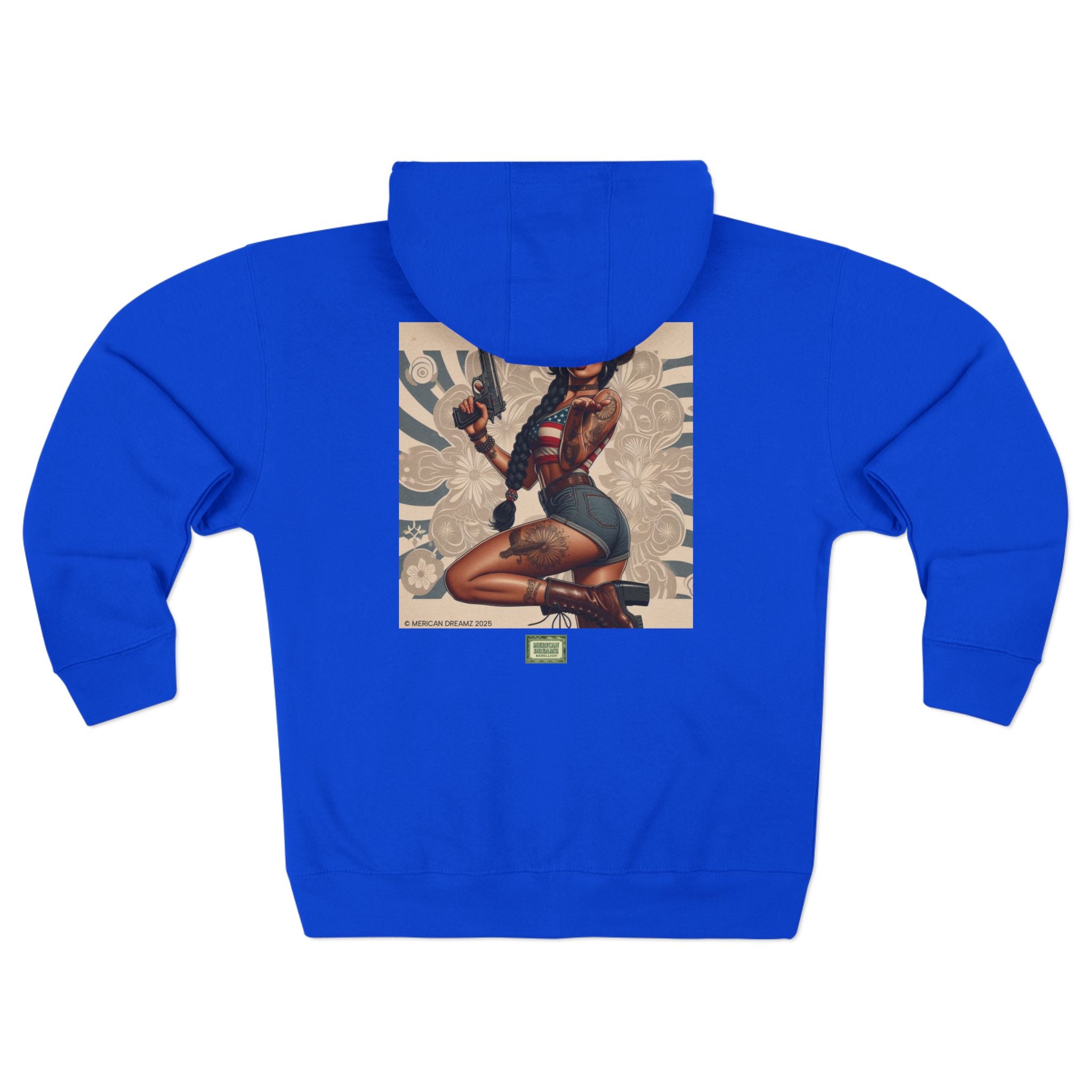 Americana Pinup Cowgirl with 9mm Zip Hoodie — Retro Vintage Patriotic Graphic