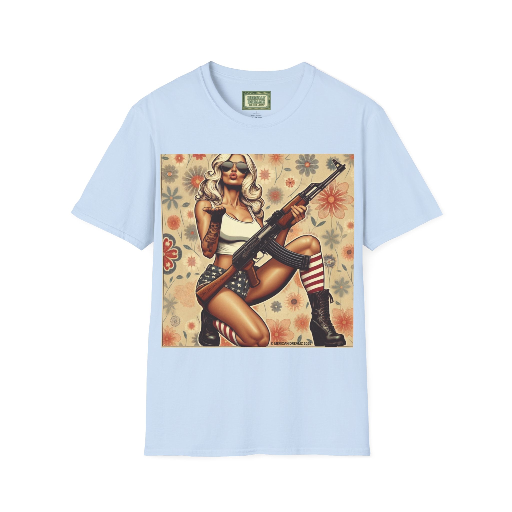 Graphic T-Shirt — Patriotic Pinup Girl with Rifle Vintage Flag Design (US Only)