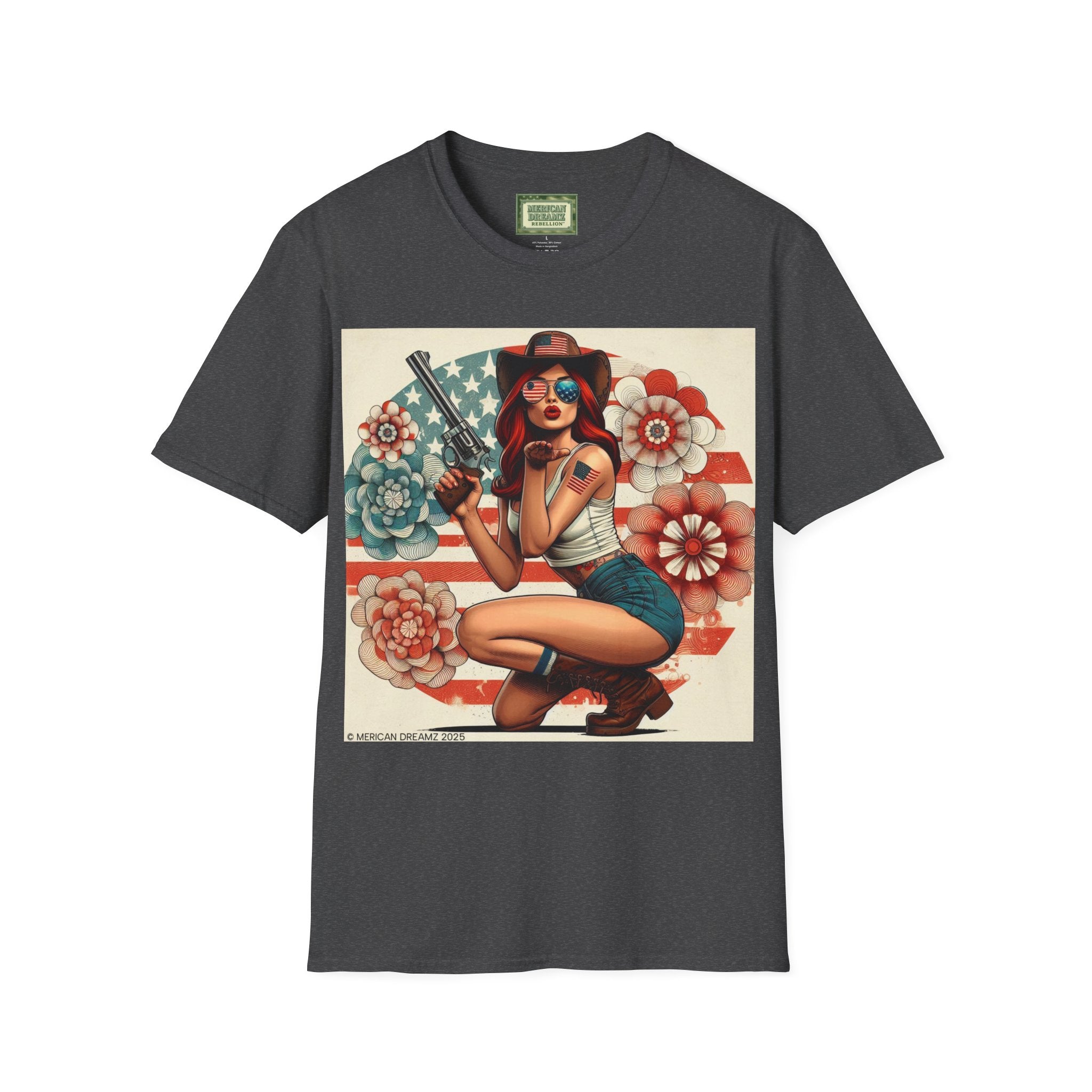 Pin-Up Americana T-Shirt — Retro Floral Gun Cowgirl Vintage Style (US Only)