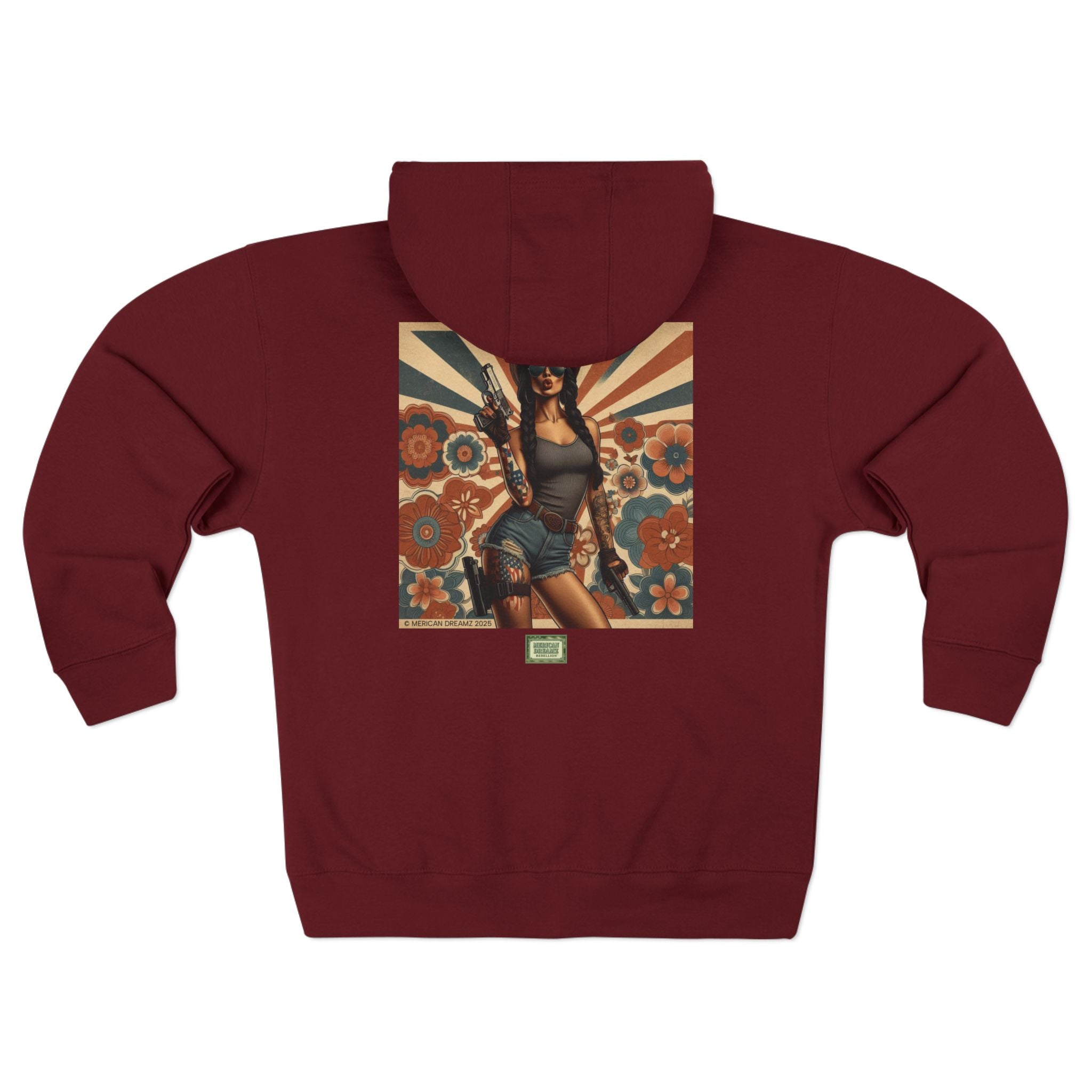 Americana Pinup Cowgirl with 9mm Zip Hoodie — Retro Vintage Patriotic Graphic