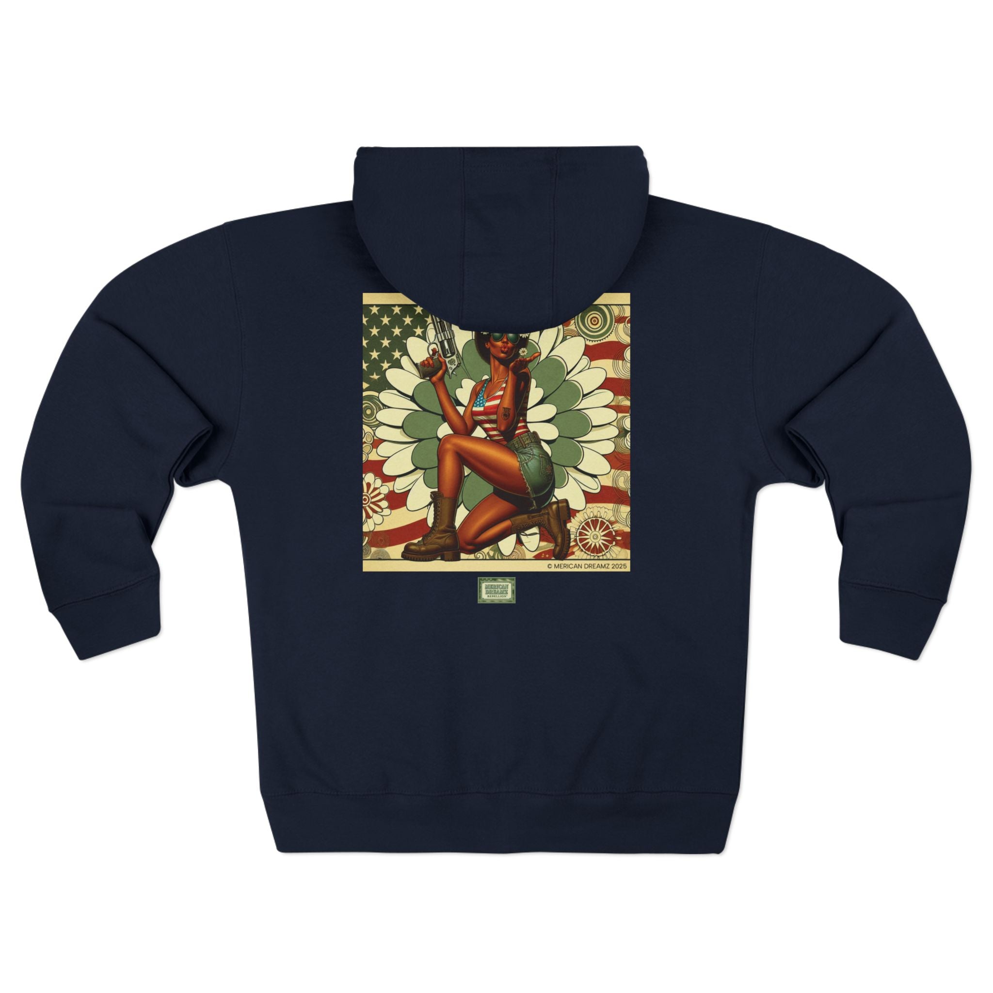 Americana Pinup Cowgirl with 44 Magnum Zip Hoodie — Retro Vintage Patriotic Graphic
