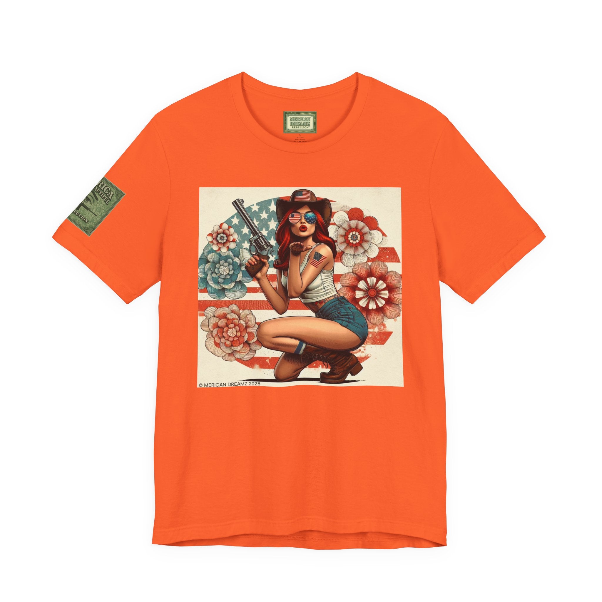 Graphic Short Sleeve Tee front and back — Retro Americana Pin-Up Cowgirls with .44 Magnum Revolvers