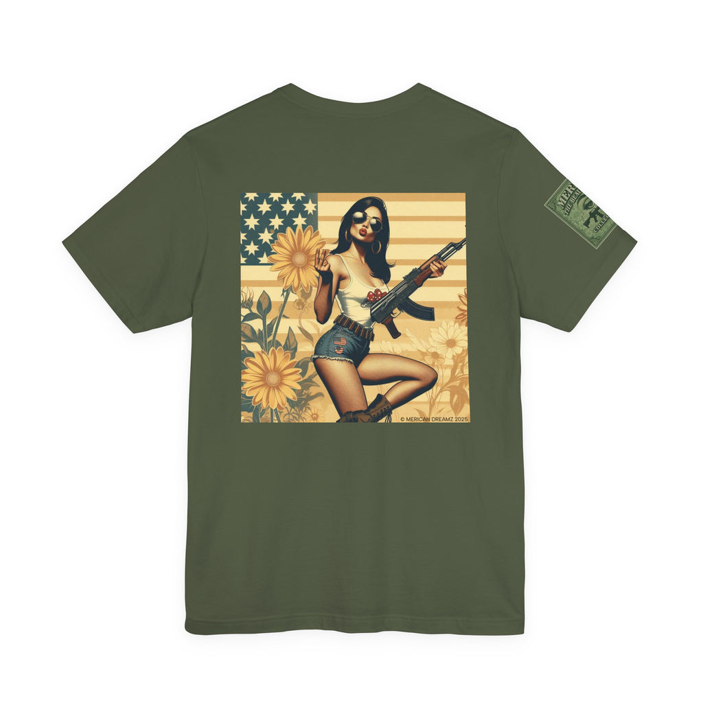 Graphic Short Sleeve Tee front and back — Retro Americana Pin-Up Girls with AK-47 Rifles