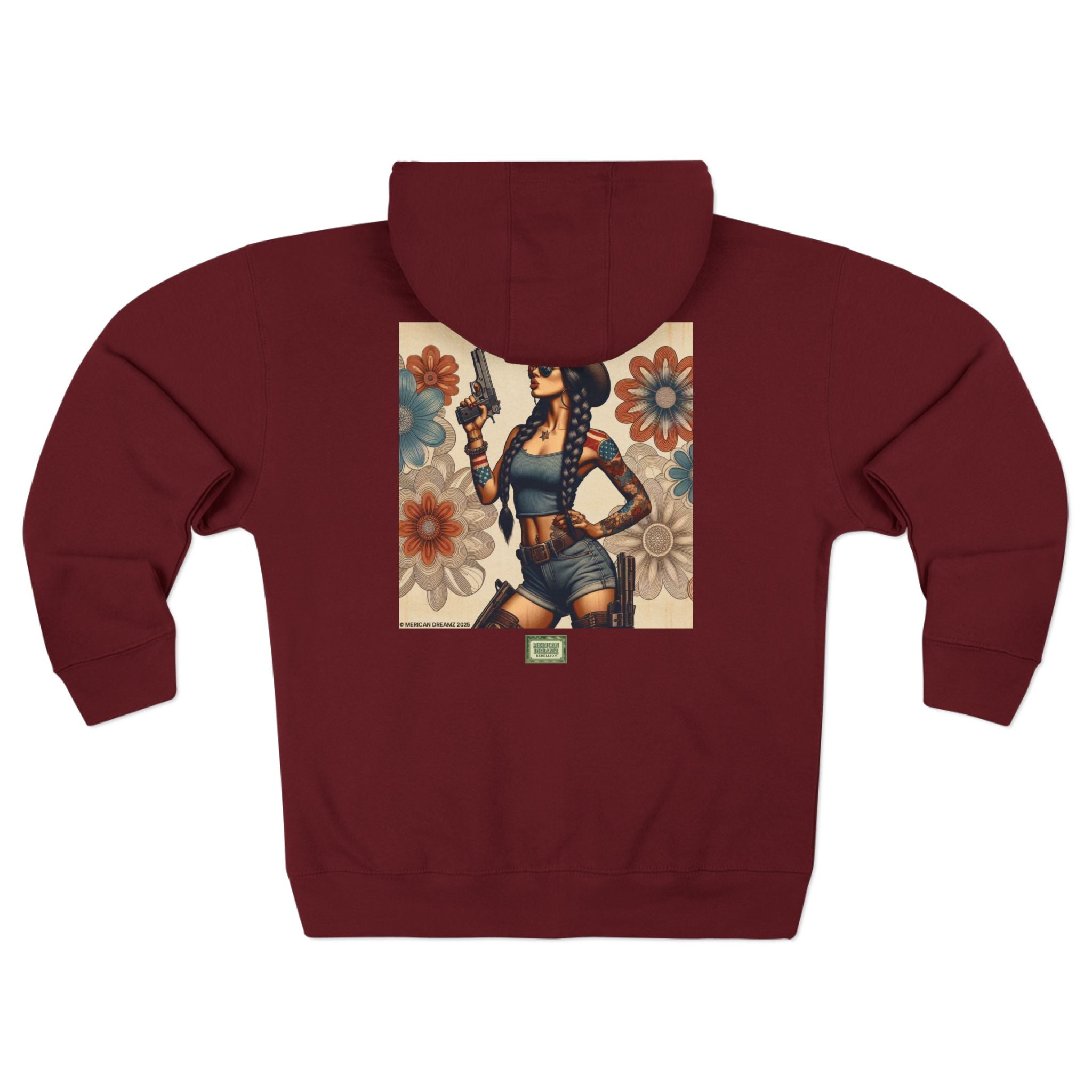 Americana Pinup Cowgirl with 9mm Zip Hoodie — Retro Vintage Patriotic Graphic