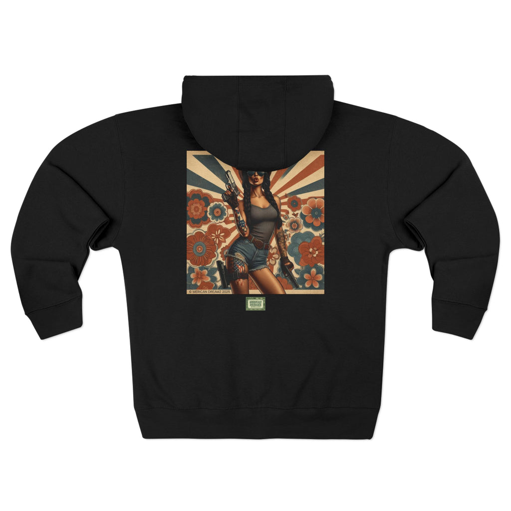 Americana Pinup Cowgirl with 9mm Zip Hoodie — Retro Vintage Patriotic Graphic