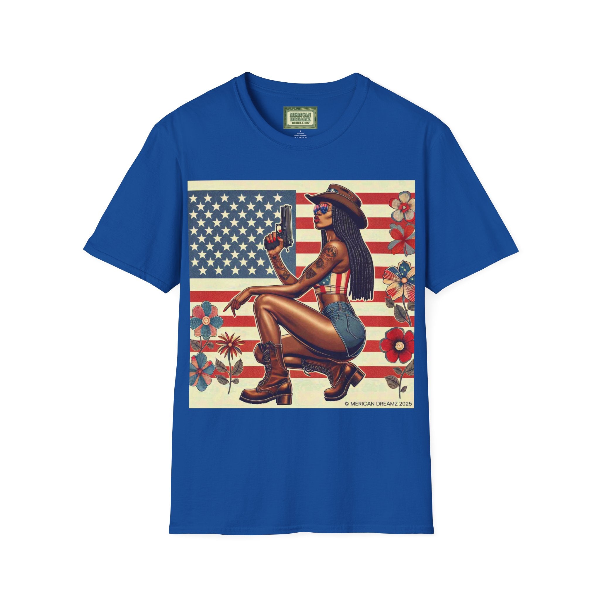 Pin-Up Americana T-Shirt — Retro Floral Gun Cowgirl Vintage Style (US Only)