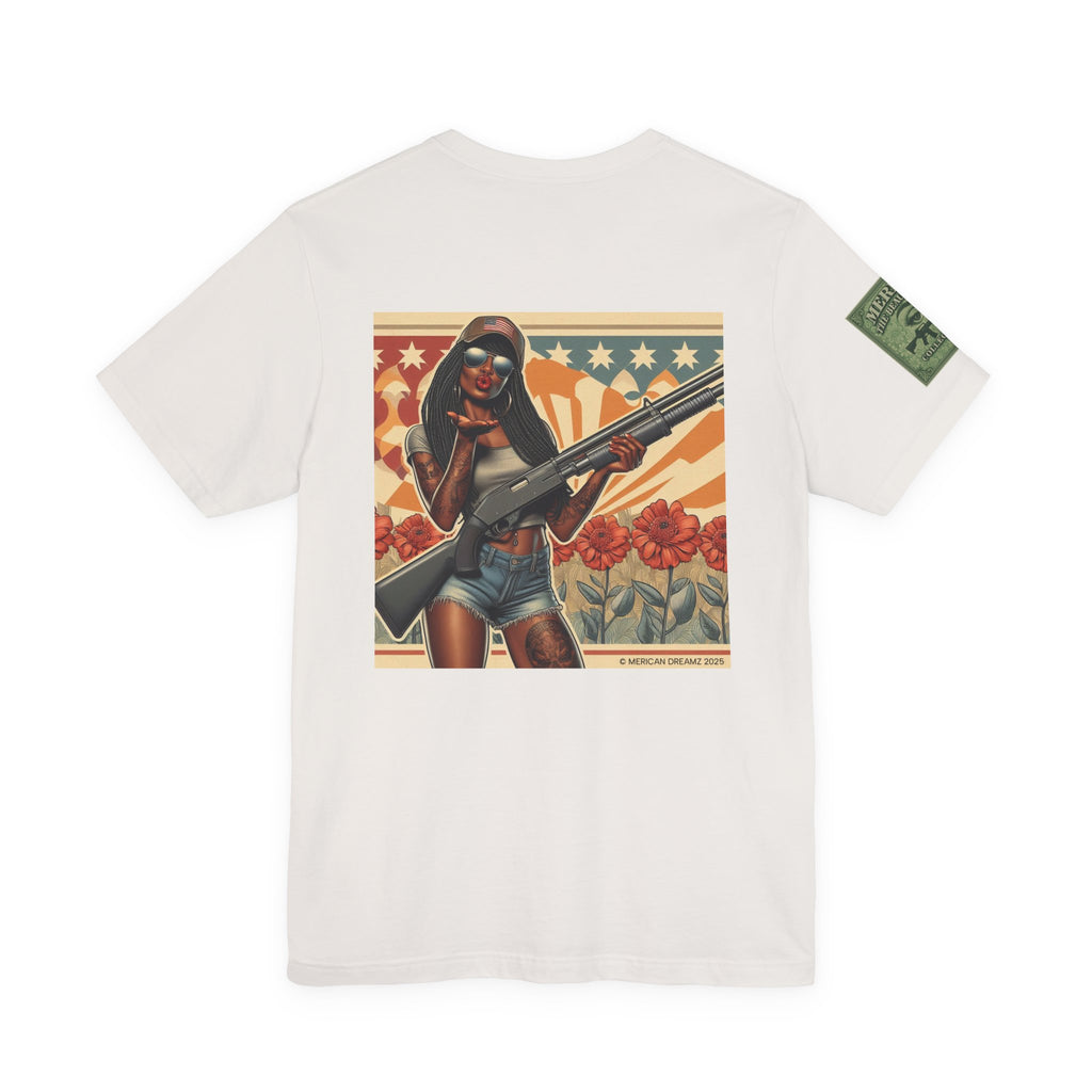 Graphic Short Sleeve Tee front and back — Retro Americana Pin-Up Cowgirls with 12 Gauge Shotguns