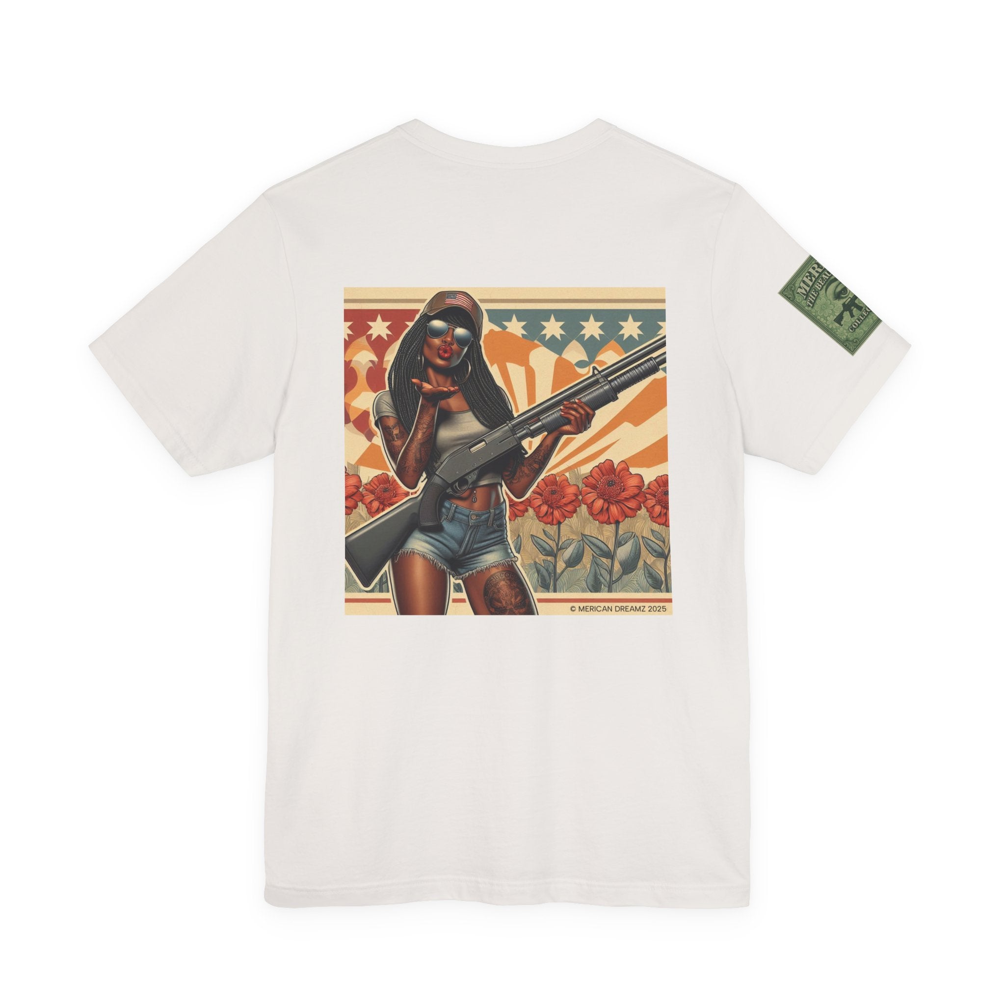 Graphic Short Sleeve Tee front and back — Retro Americana Pin-Up Cowgirls with 12 Gauge Shotguns