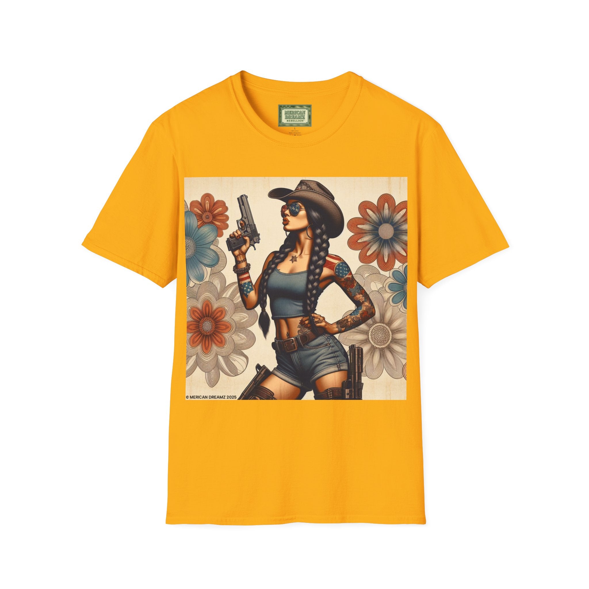 Pin-Up Americana T-Shirt — Retro Floral Gun Cowgirl Vintage Style (US Only)