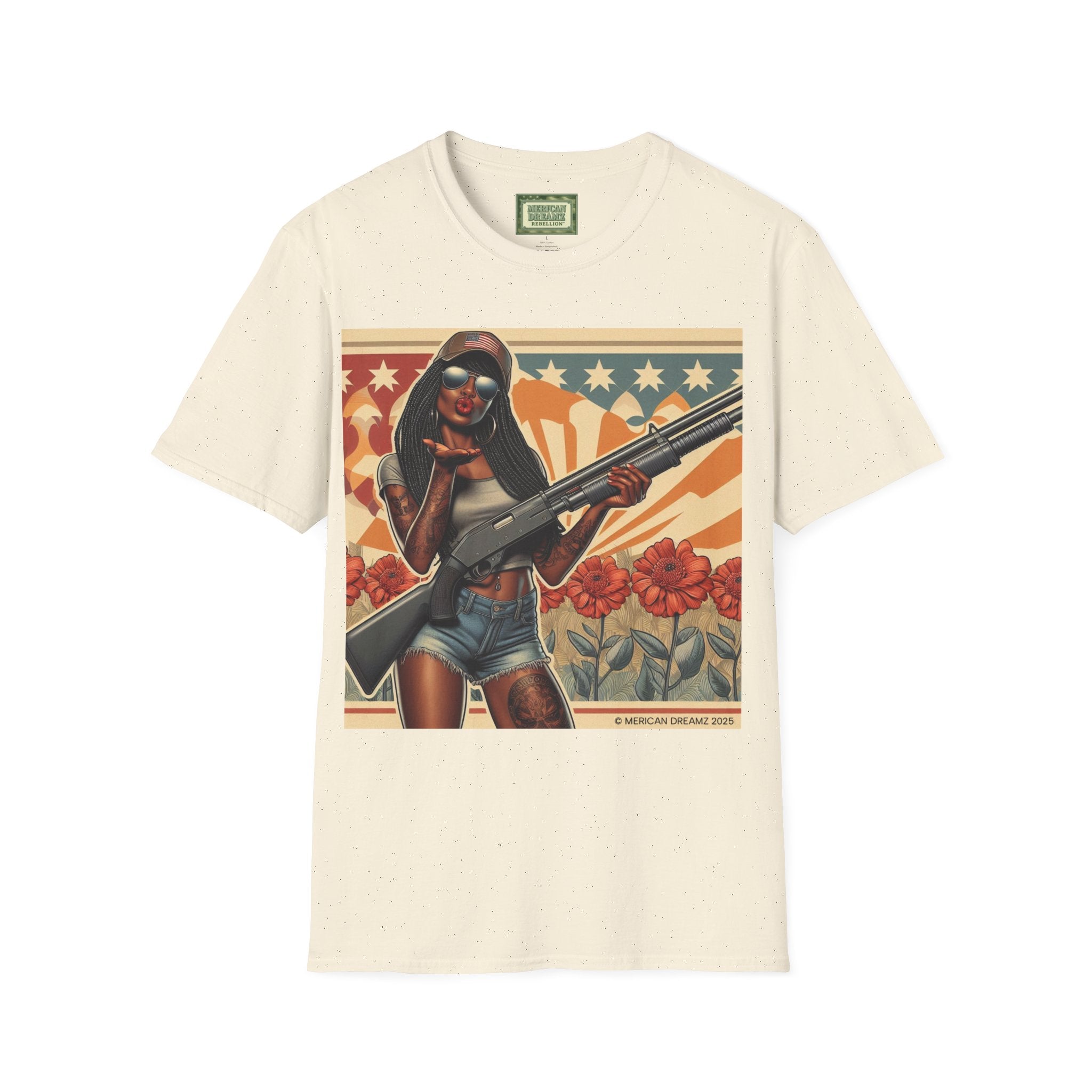 Graphic T-Shirt — Patriotic Pinup Girl with Shotgun Vintage Flag Design (US Only)