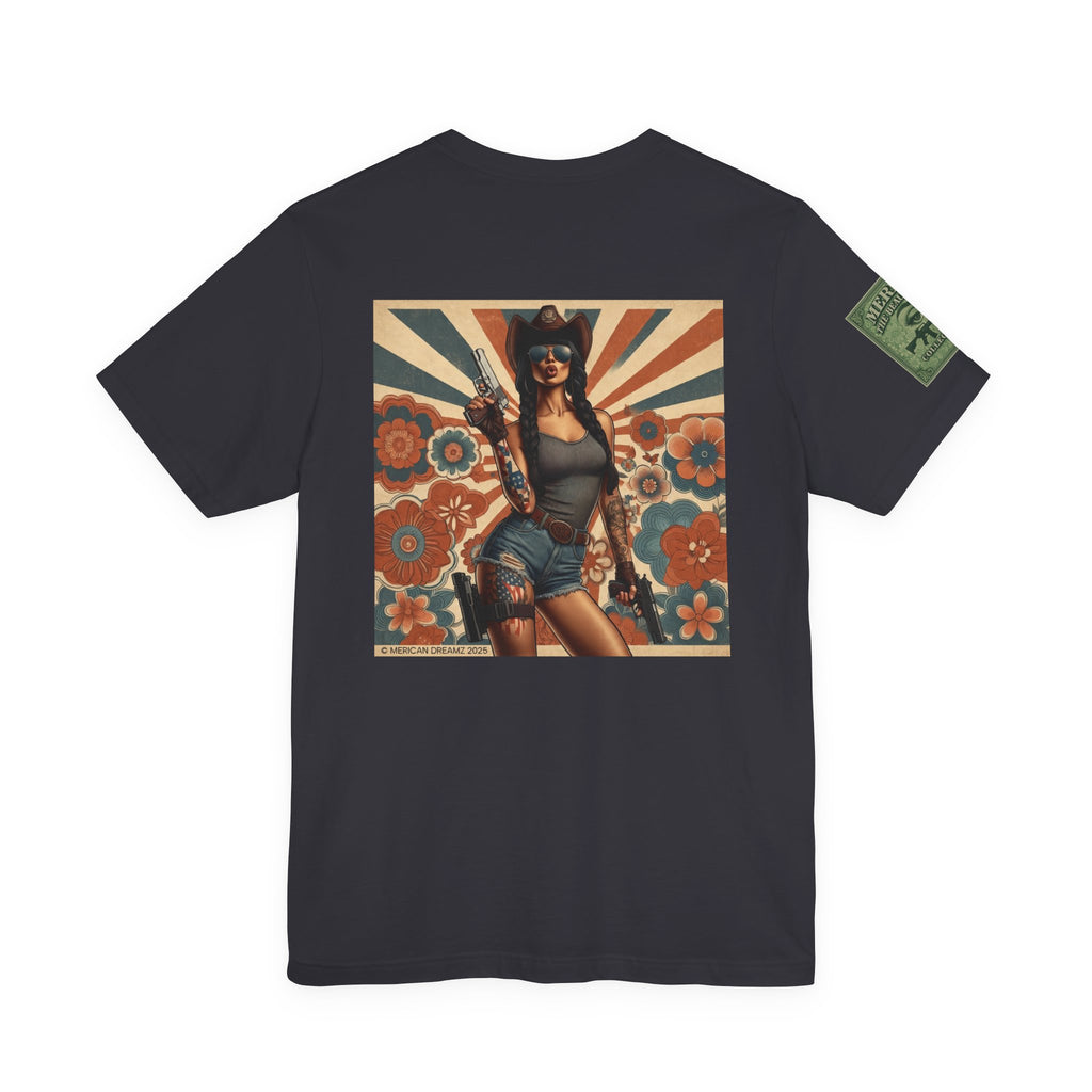 Graphic Short Sleeve Tee front and back — Retro Americana Pin-Up Cowgirls with 9mm Pistols