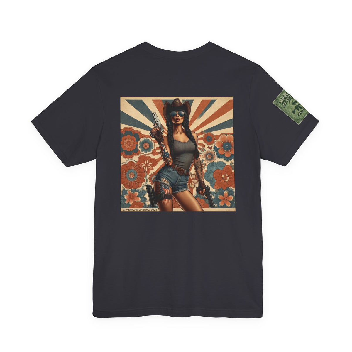 Graphic Short Sleeve Tee front and back — Retro Americana Pin-Up Cowgirls with 9mm Pistols