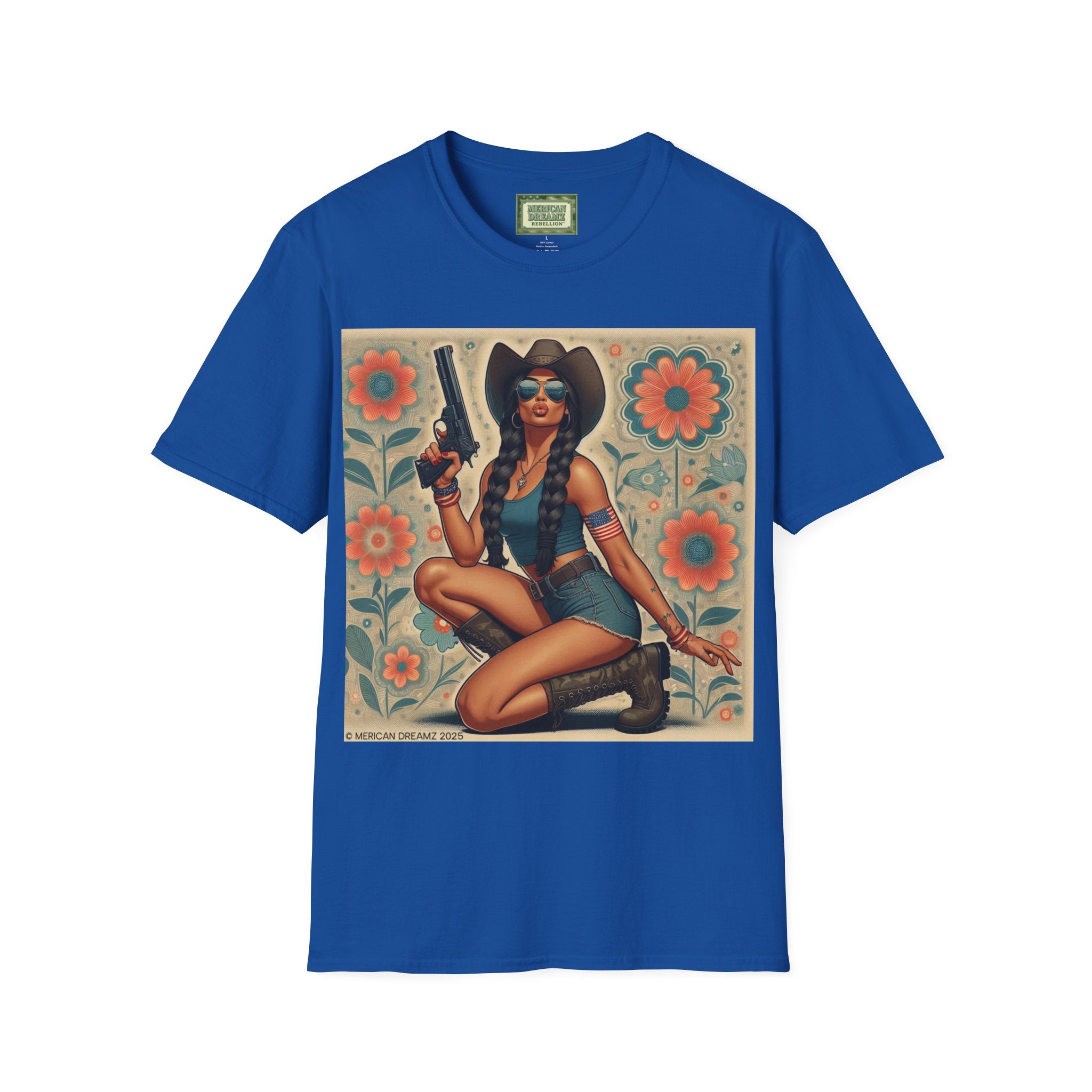 Pin-Up Americana T-Shirt — Retro Floral Gun Cowgirl Vintage Style (US Only)