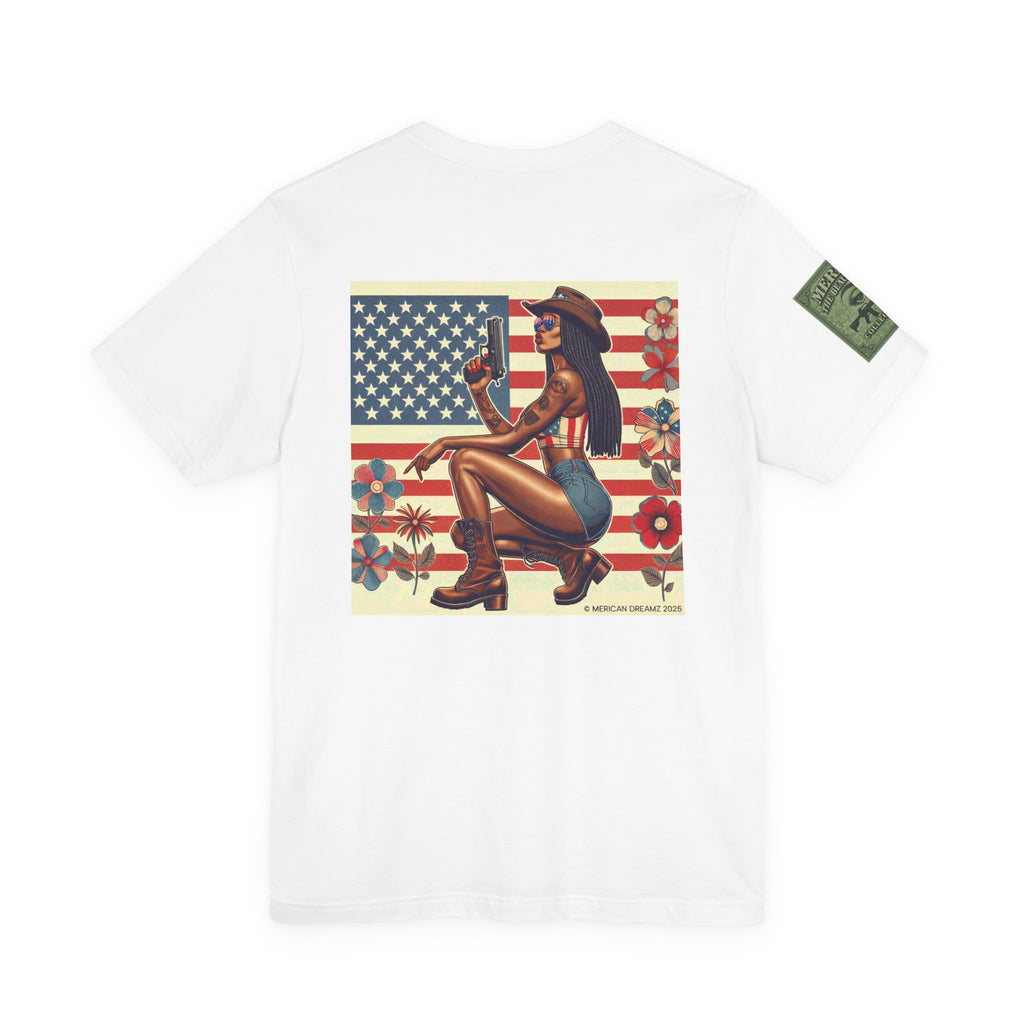 Graphic Short Sleeve Tee front and back — Retro Americana Pin-Up Cowgirls with 9mm Pistols