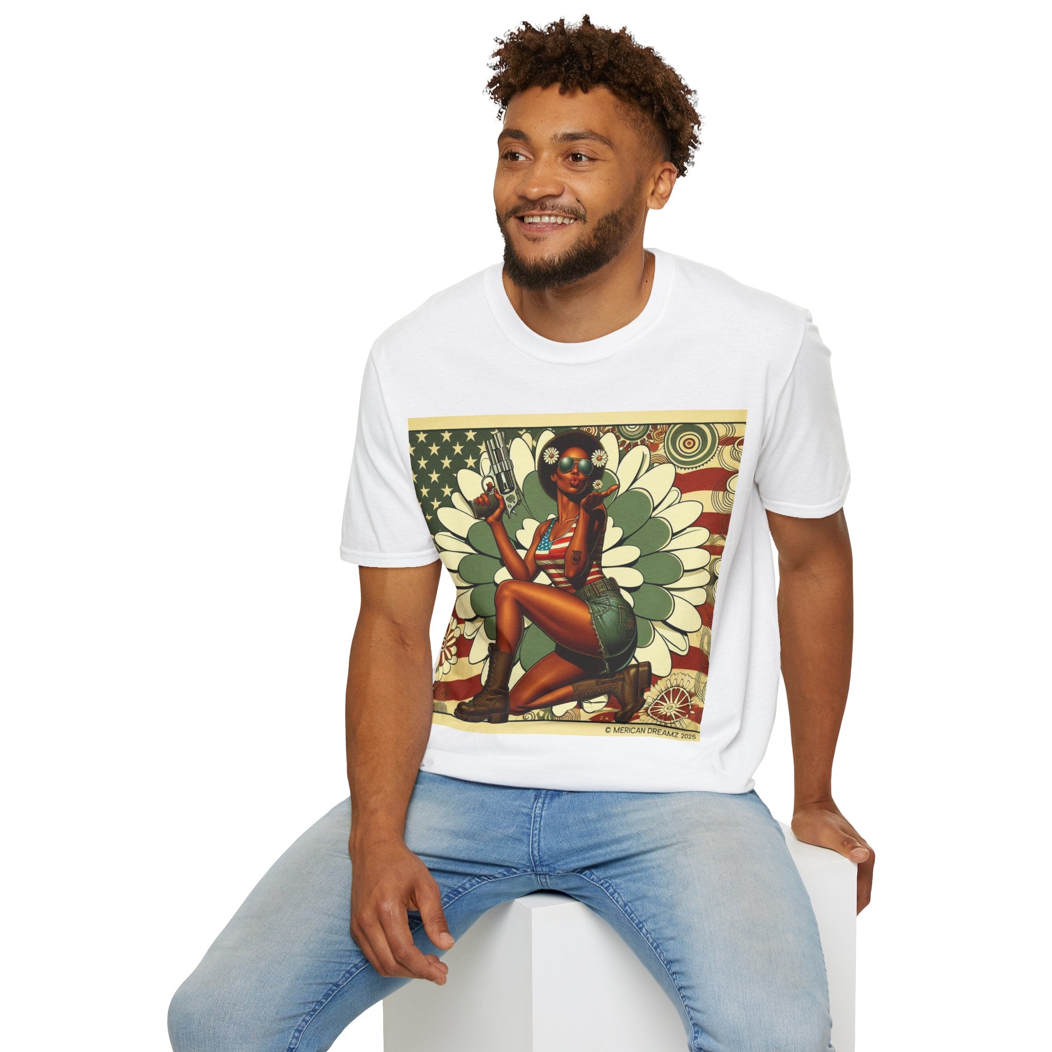 Graphic T-Shirt — Patriotic Pinup Girl with Pistol Vintage Flag Design (US Only)