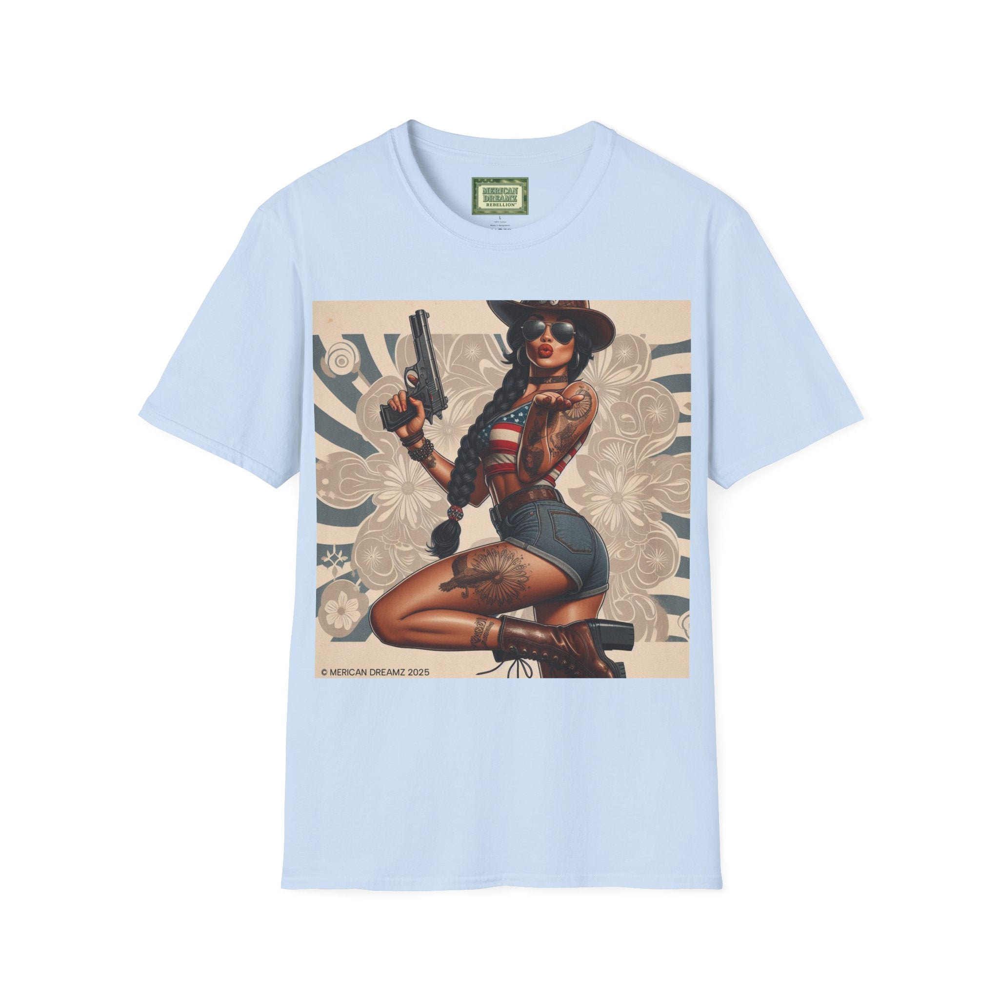 Pin-Up Americana T-Shirt — Retro Floral Gun Cowgirl Vintage Style (US Only)