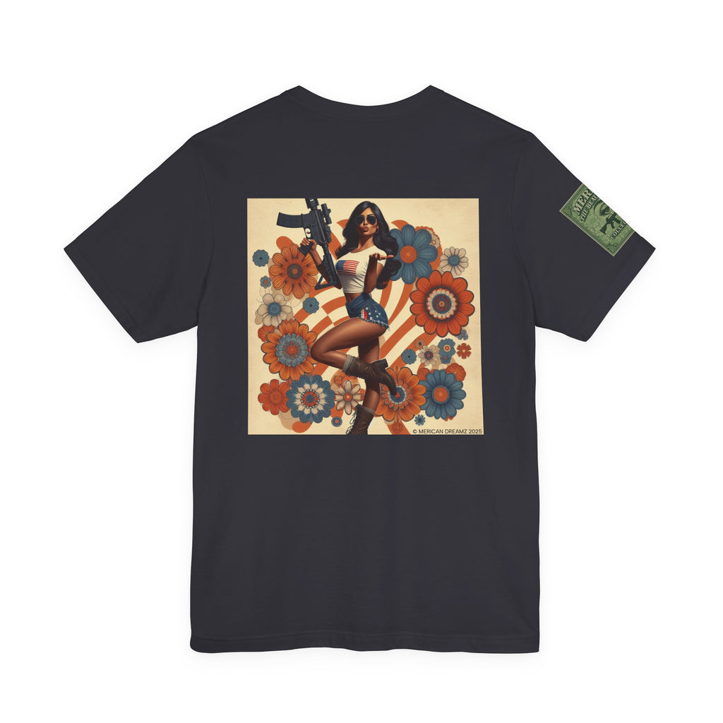 Graphic Short Sleeve Tee front and back — Retro Americana Pin-Up Girls with AR-15 Rifles
