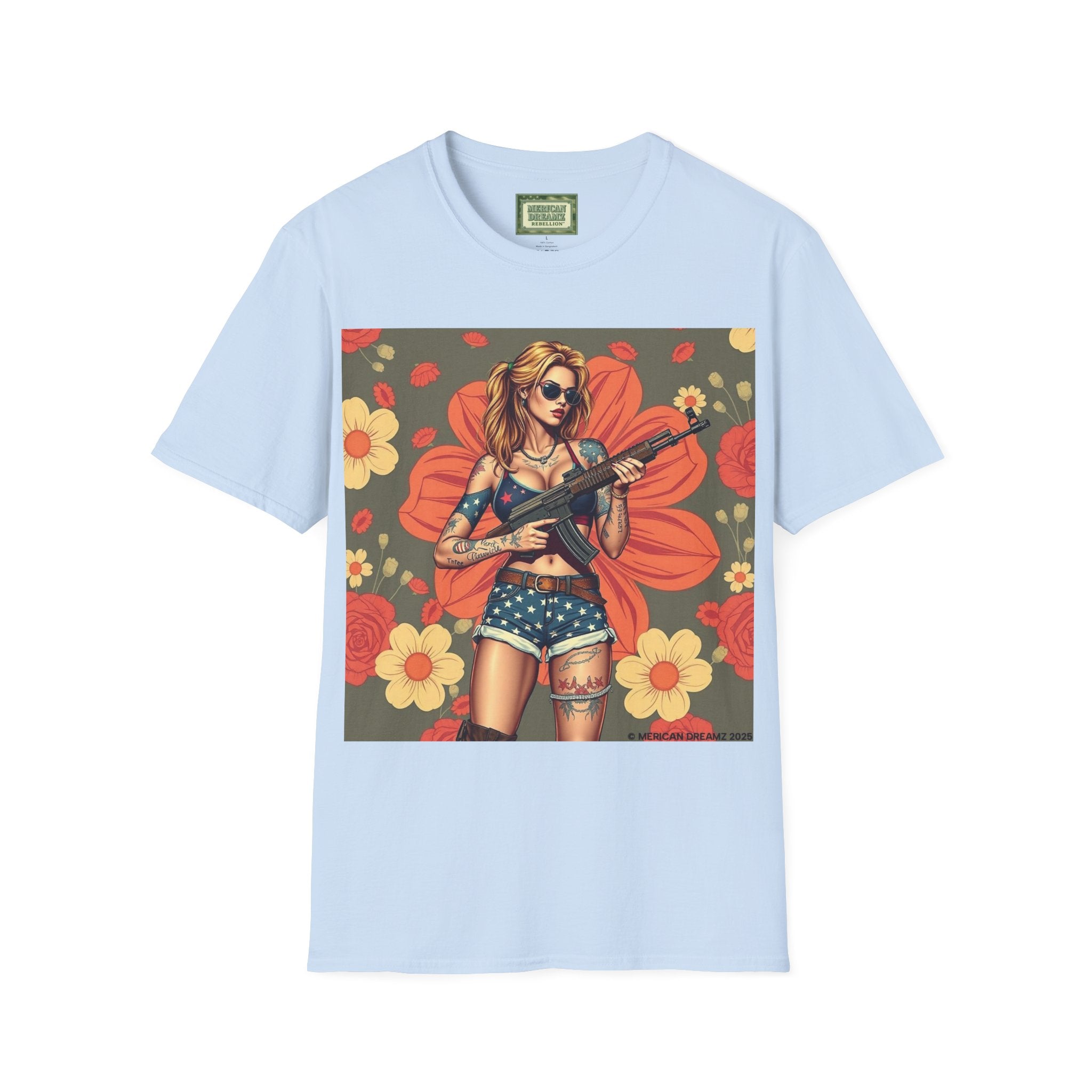 Graphic T-Shirt — Patriotic Pinup Girl with Rifle Vintage Flag Design (US Only)
