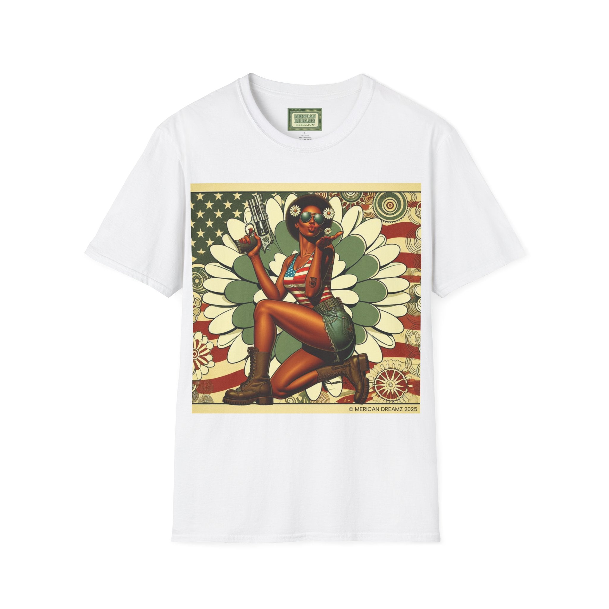 Graphic T-Shirt — Patriotic Pinup Girl with Pistol Vintage Flag Design (US Only)