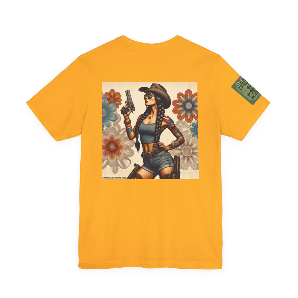 Graphic Short Sleeve Tee front and back — Retro Americana Pin-Up Cowgirls with 9mm Pistols