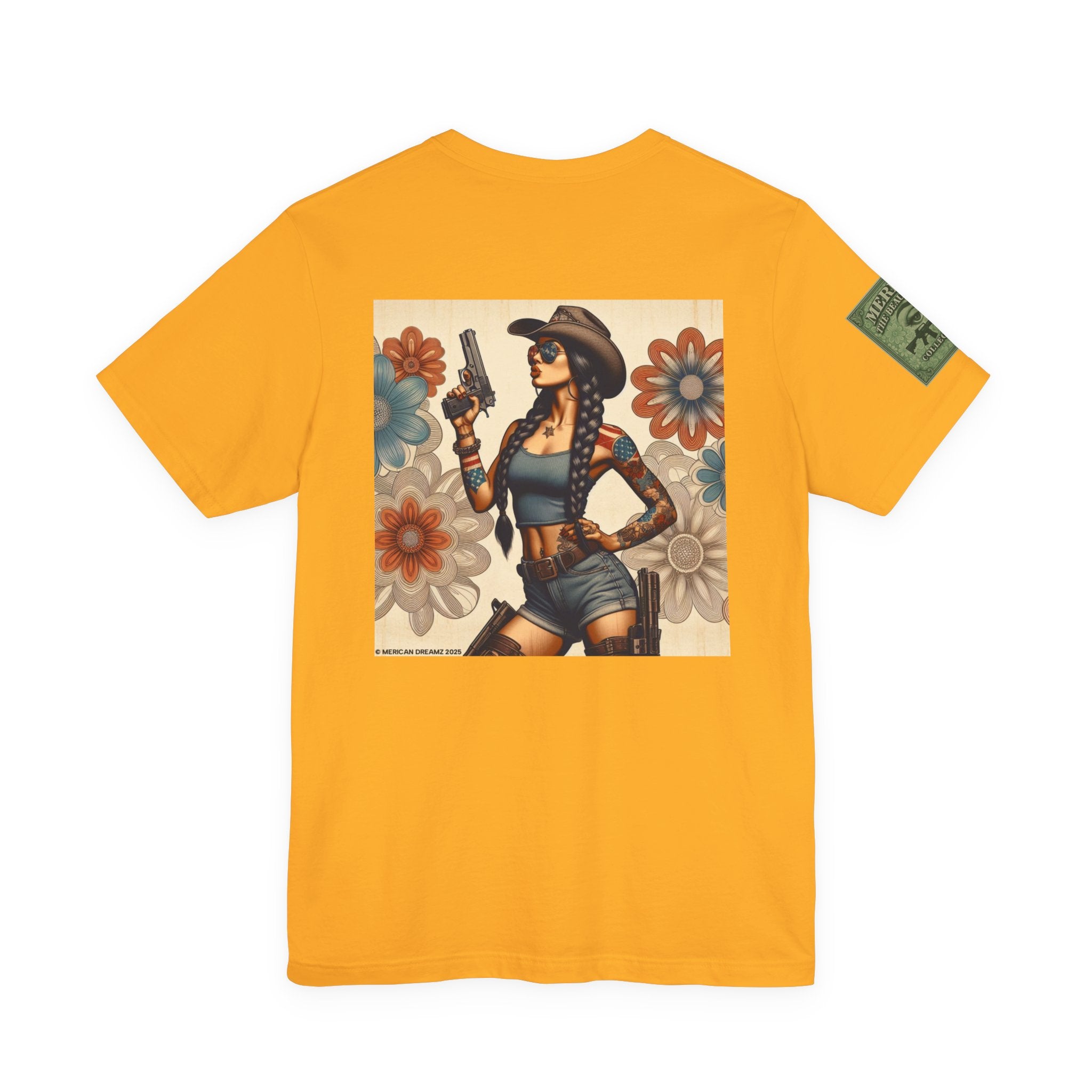 Graphic Short Sleeve Tee front and back — Retro Americana Pin-Up Cowgirls with 9mm Pistols