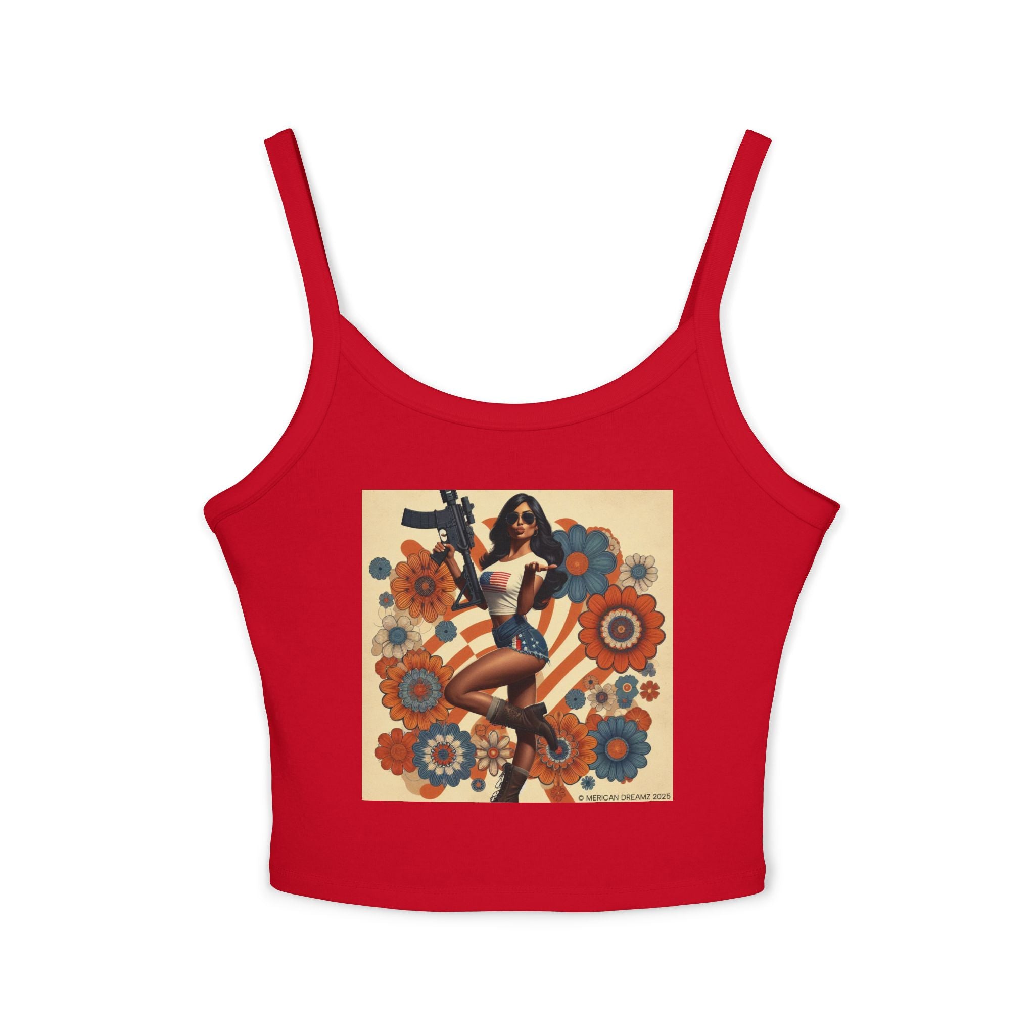 Retro Pinup Girl Tank Top — Vintage Flag & Floral Spaghetti Strap