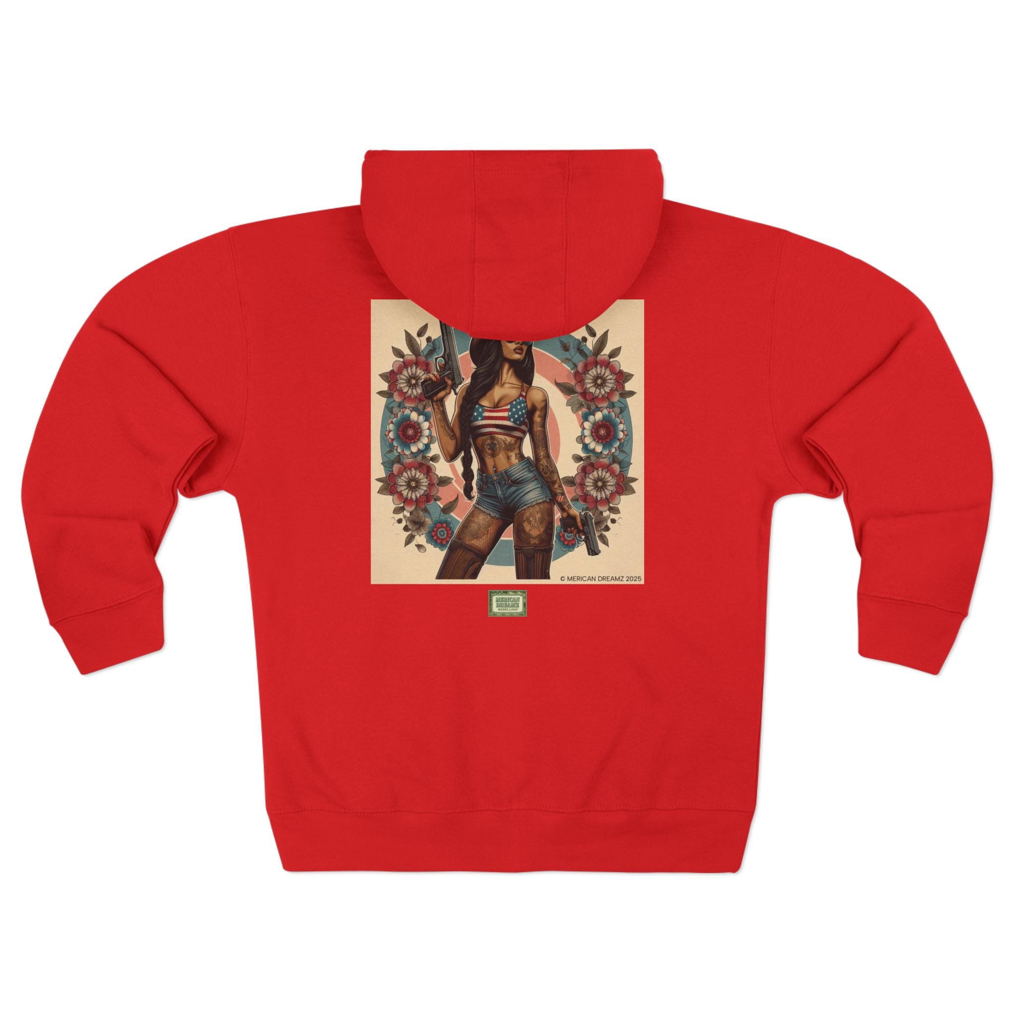 Americana Pinup Cowgirl with 9mm Zip Hoodie — Retro Vintage Patriotic Graphic