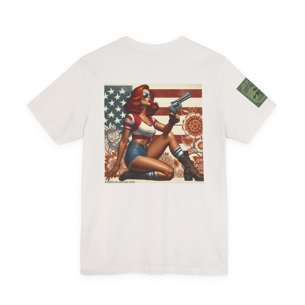 Graphic Short Sleeve Tee front and back — Retro Americana Pin-Up Cowgirls with .44 Magnum Revolvers