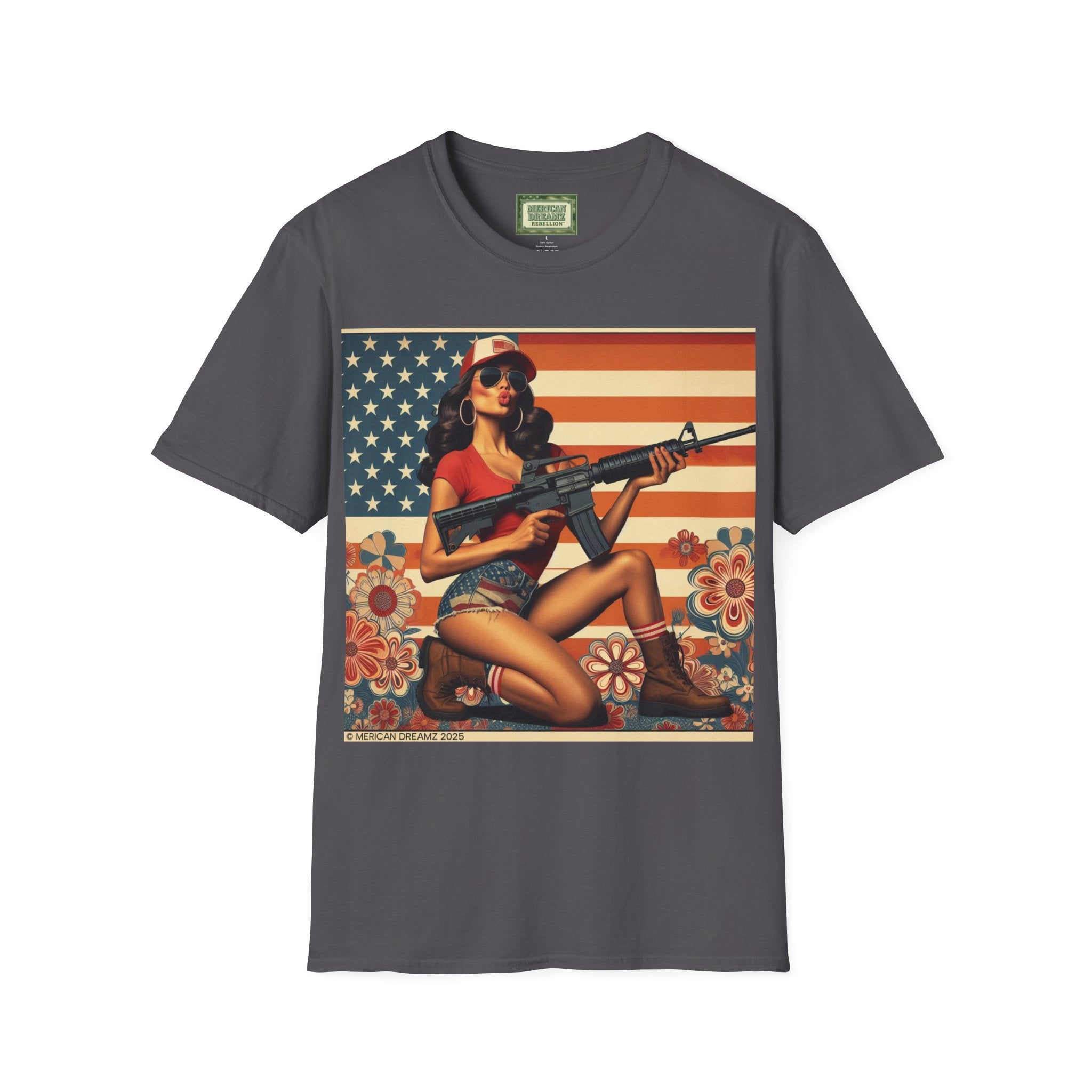 Graphic T-Shirt — Patriotic Pinup Girl with Rifle Vintage Flag Design (US Only)