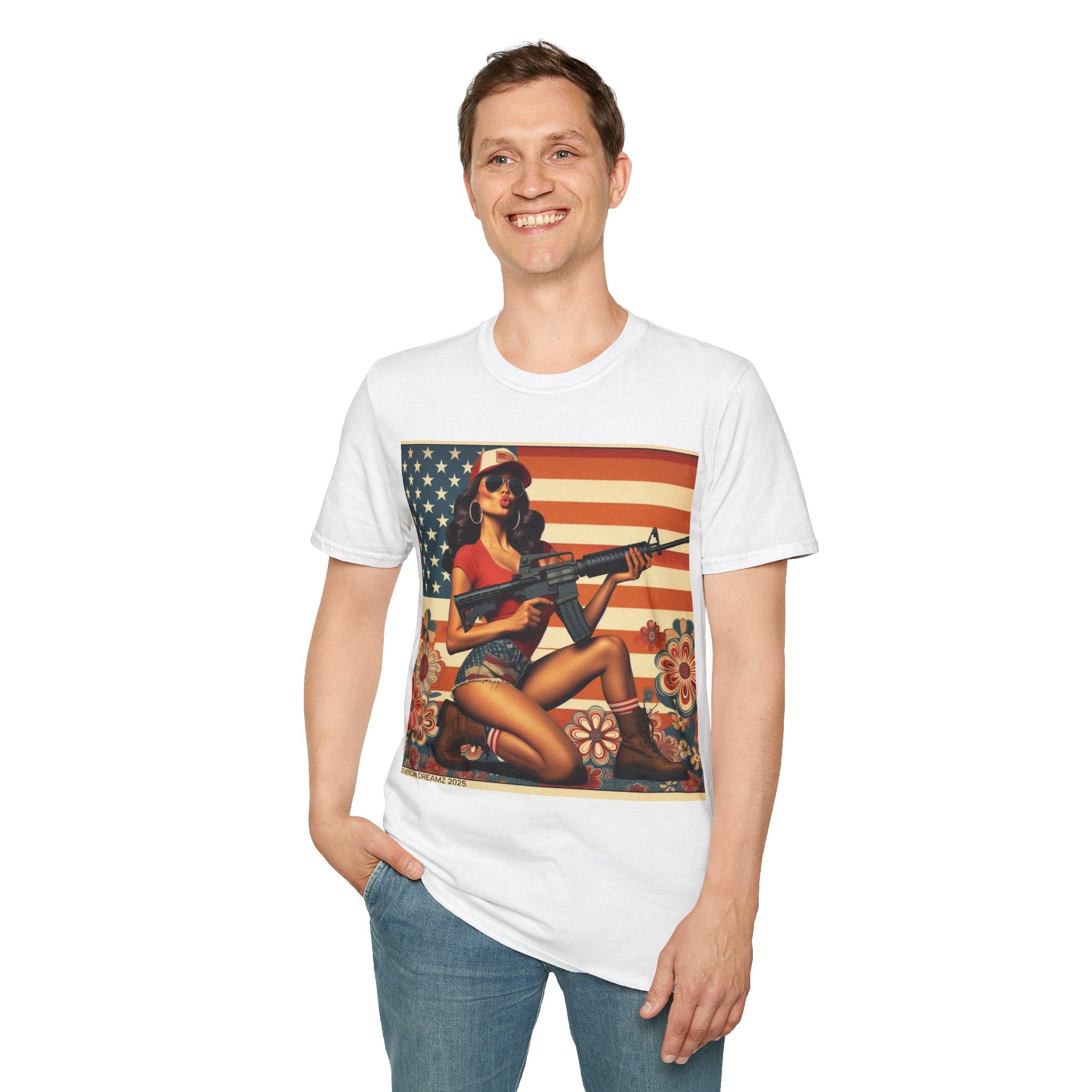 Graphic T-Shirt — Patriotic Pinup Girl with Rifle Vintage Flag Design (US Only)