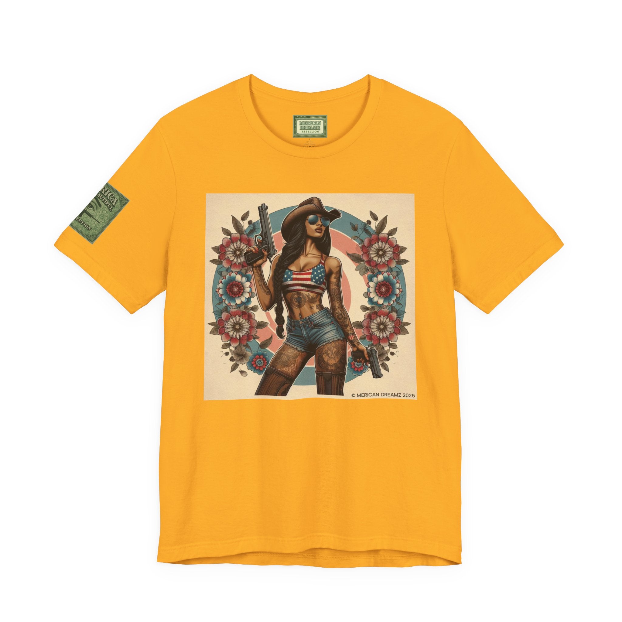Graphic Short Sleeve Tee front and back — Retro Americana Pin-Up Cowgirls with 9mm Pistols