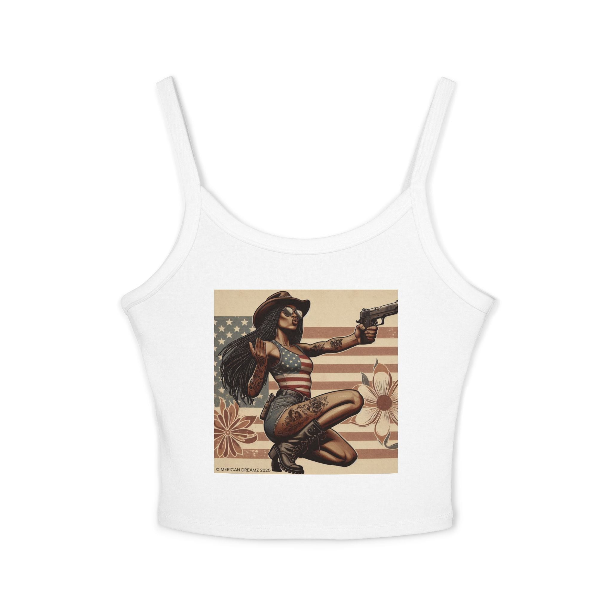 Retro Pinup Girl Tank Top — Vintage Flag & Floral Spaghetti Strap
