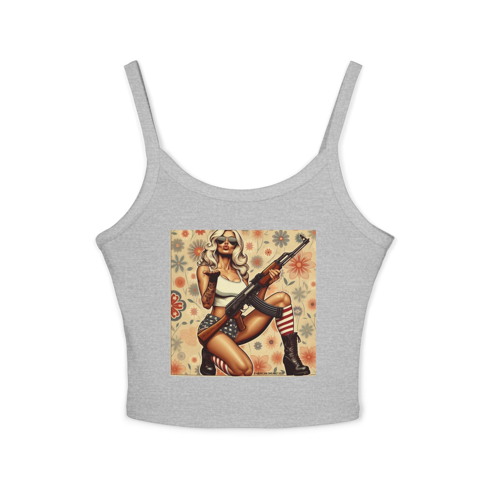 Retro Pinup Girl Tank Top — Vintage Flag & Floral Spaghetti Strap