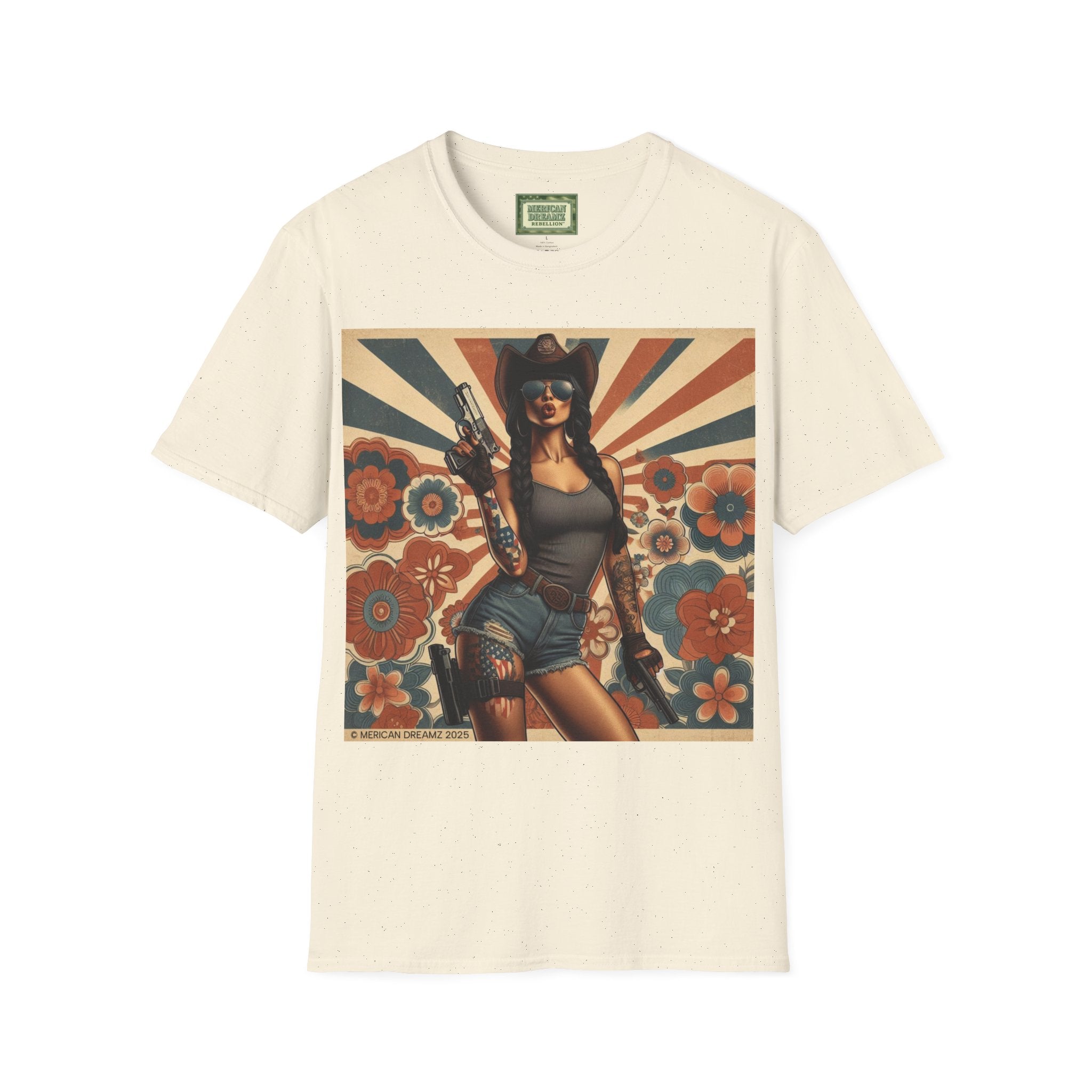 Pin-Up Americana T-Shirt — Retro Floral Gun Cowgirl Vintage Style (US Only)