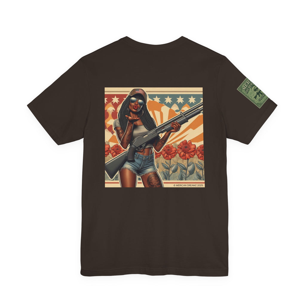 Graphic Short Sleeve Tee front and back — Retro Americana Pin-Up Cowgirls with 12 Gauge Shotguns