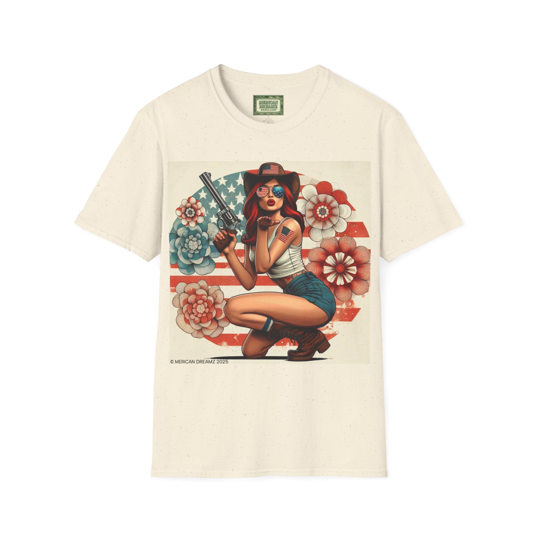 Pin-Up Americana T-Shirt — Retro Floral Gun Cowgirl Vintage Style (US Only)