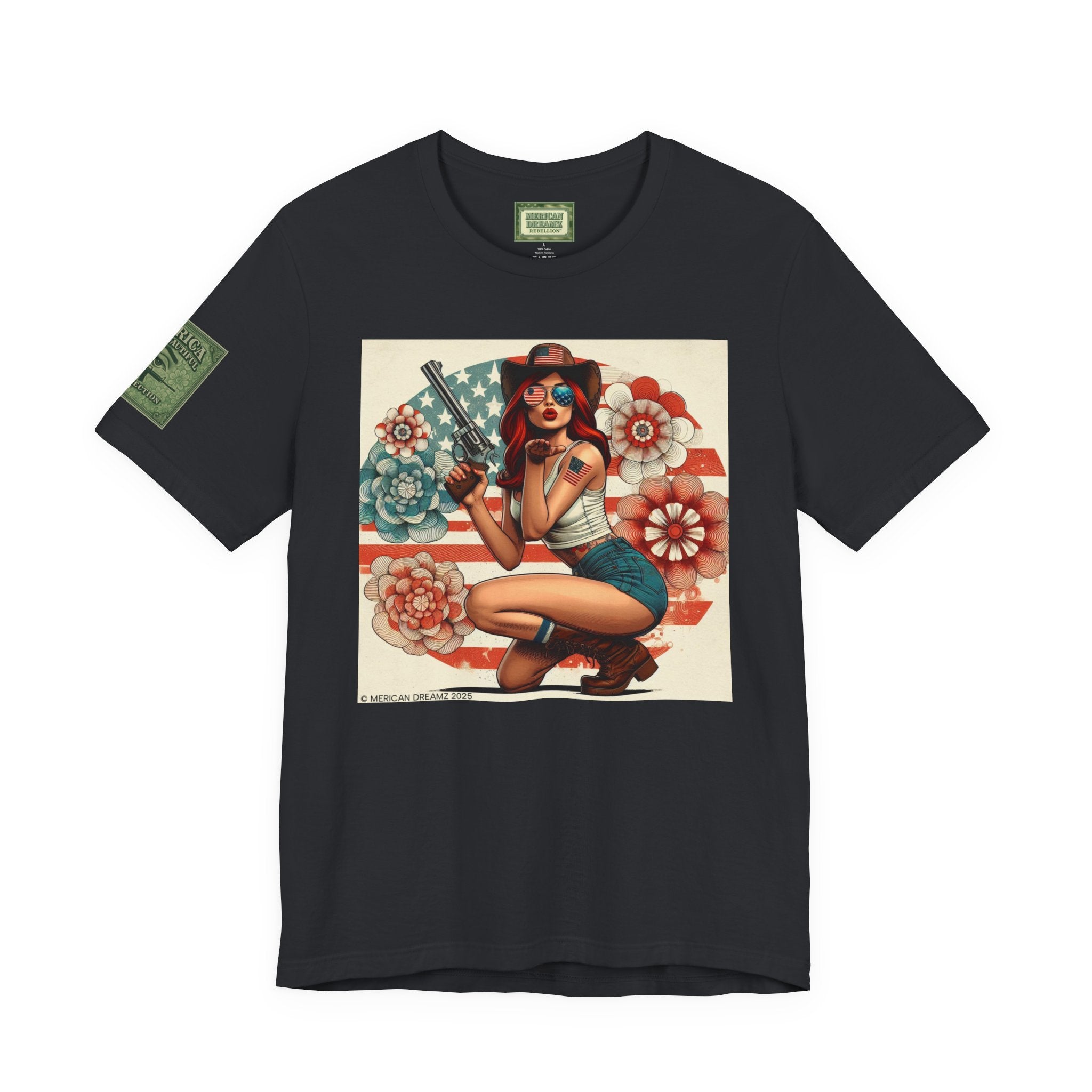 Graphic Short Sleeve Tee front and back — Retro Americana Pin-Up Cowgirls with .44 Magnum Revolvers
