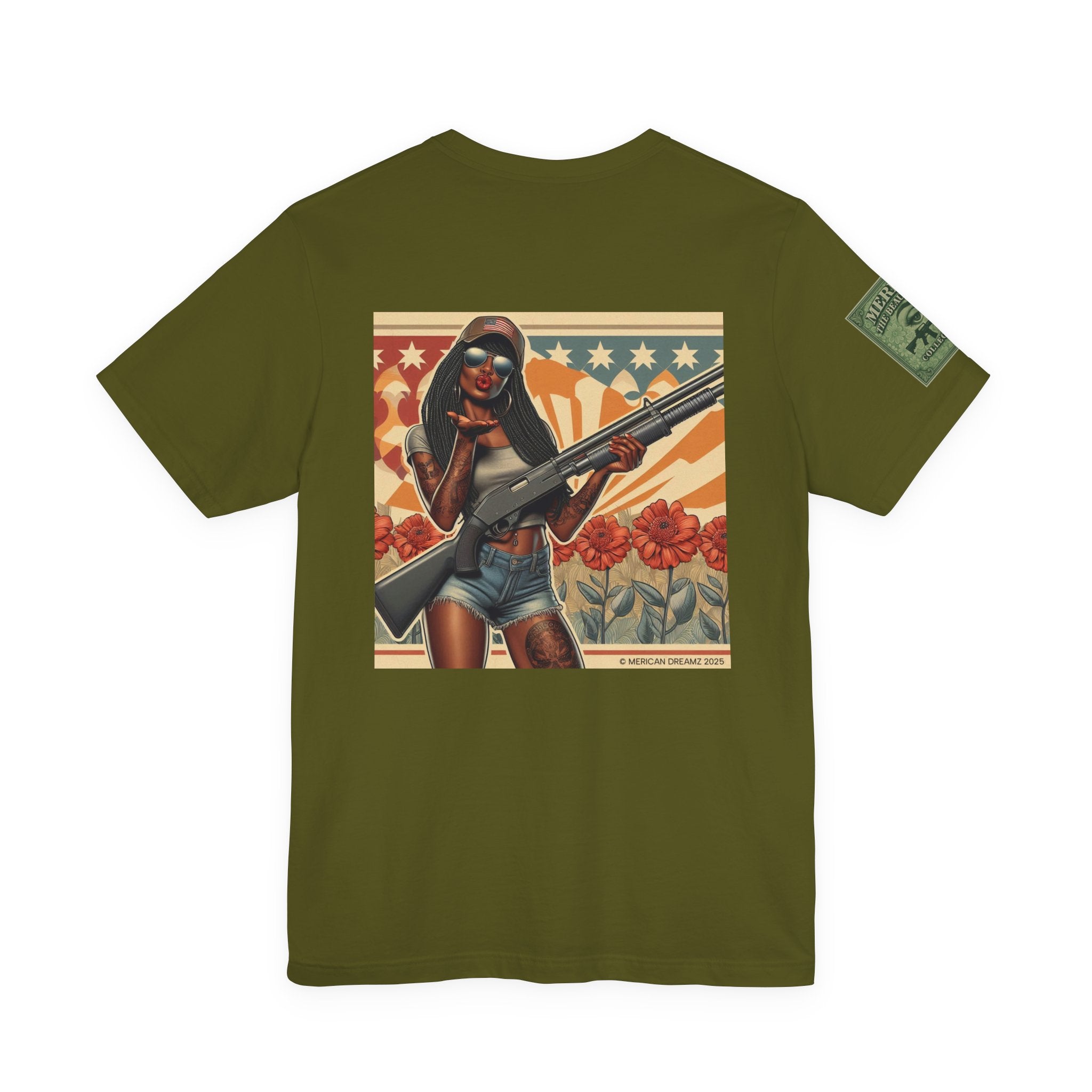 Graphic Short Sleeve Tee front and back — Retro Americana Pin-Up Cowgirls with 12 Gauge Shotguns