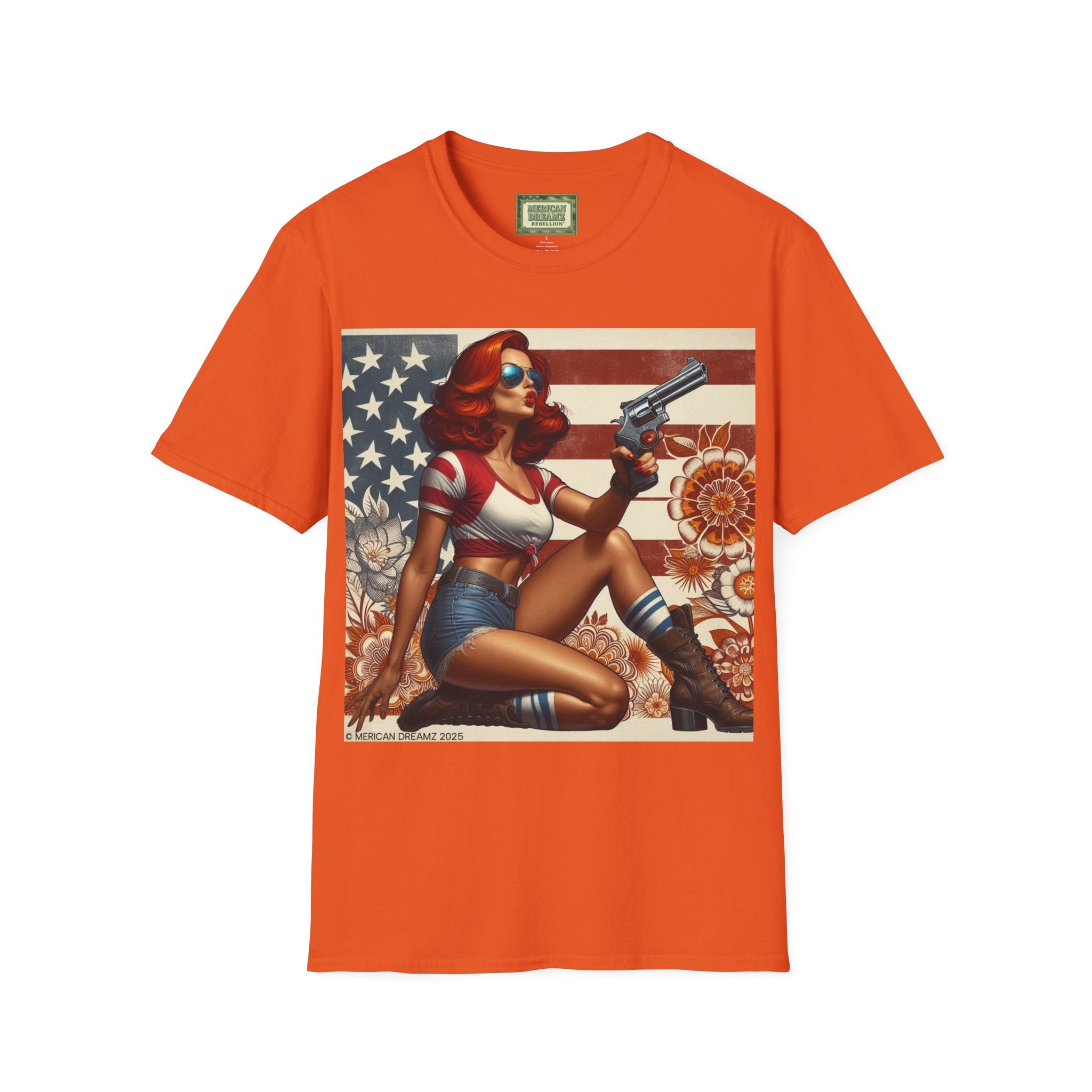 Graphic T-Shirt — Patriotic Pinup Girl with Rifle Vintage Flag Design (US Only)