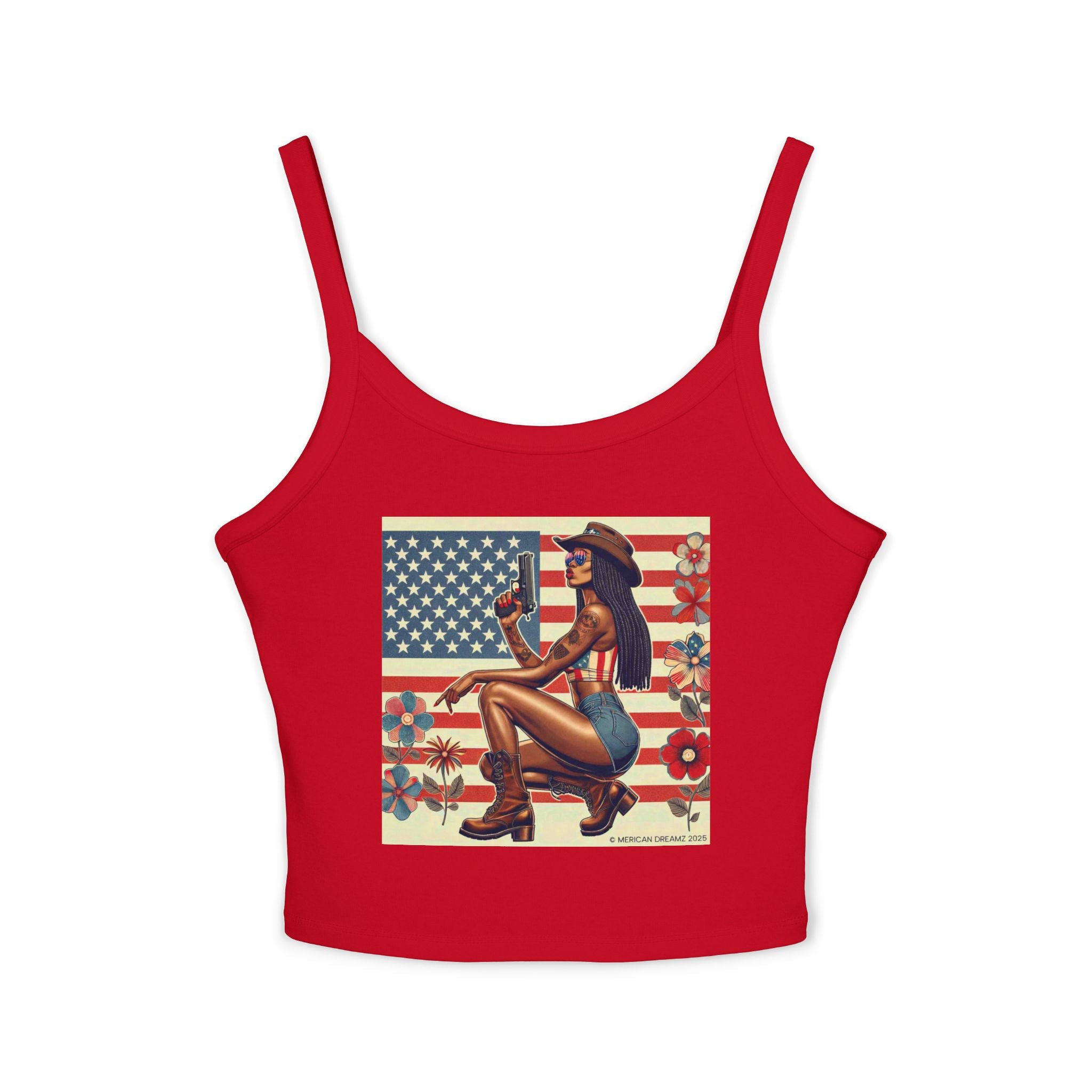 Retro Pinup Girl Tank Top — Vintage Flag & Floral Spaghetti Strap