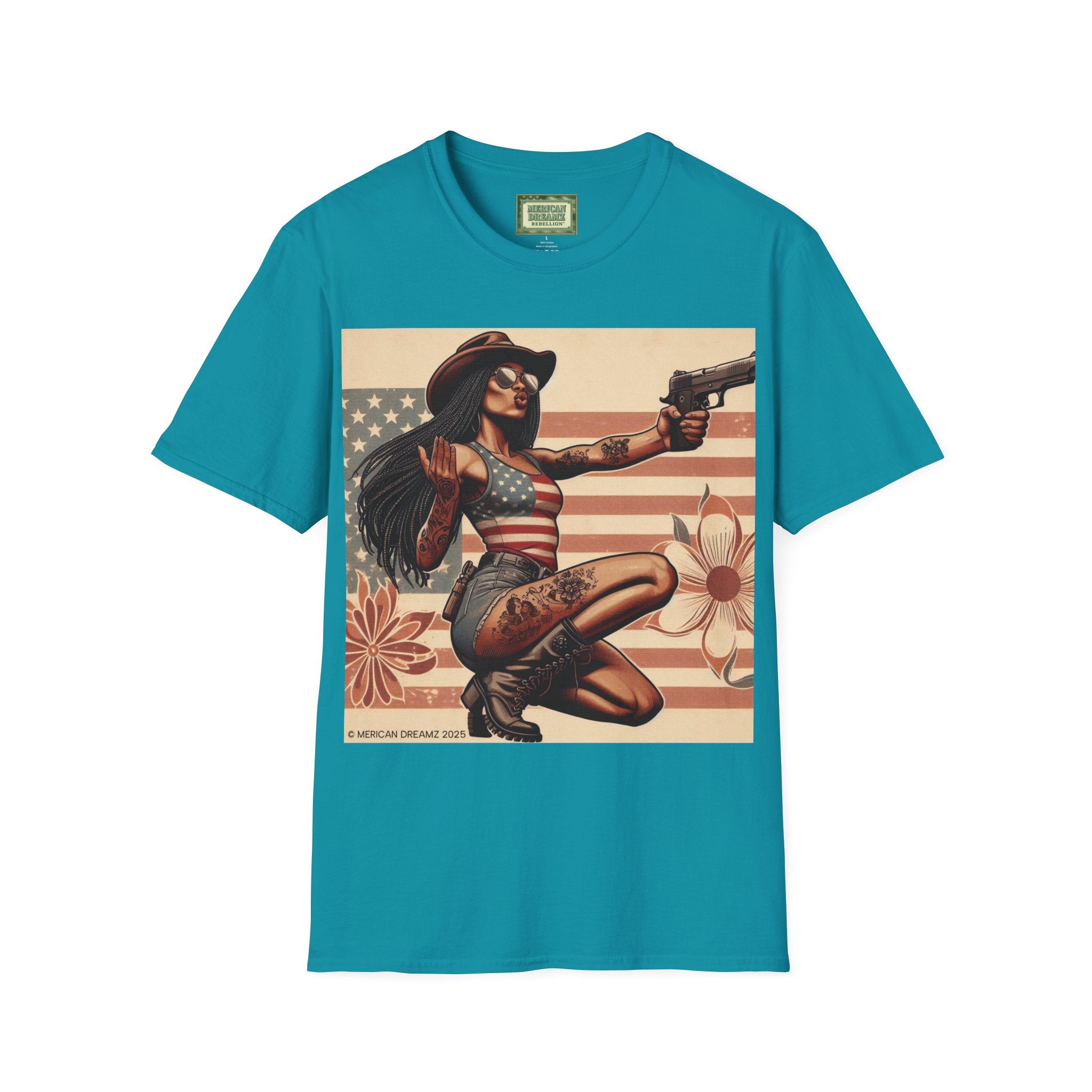 Pin-Up Americana T-Shirt — Retro Floral Gun Cowgirl Vintage Style (US Only)