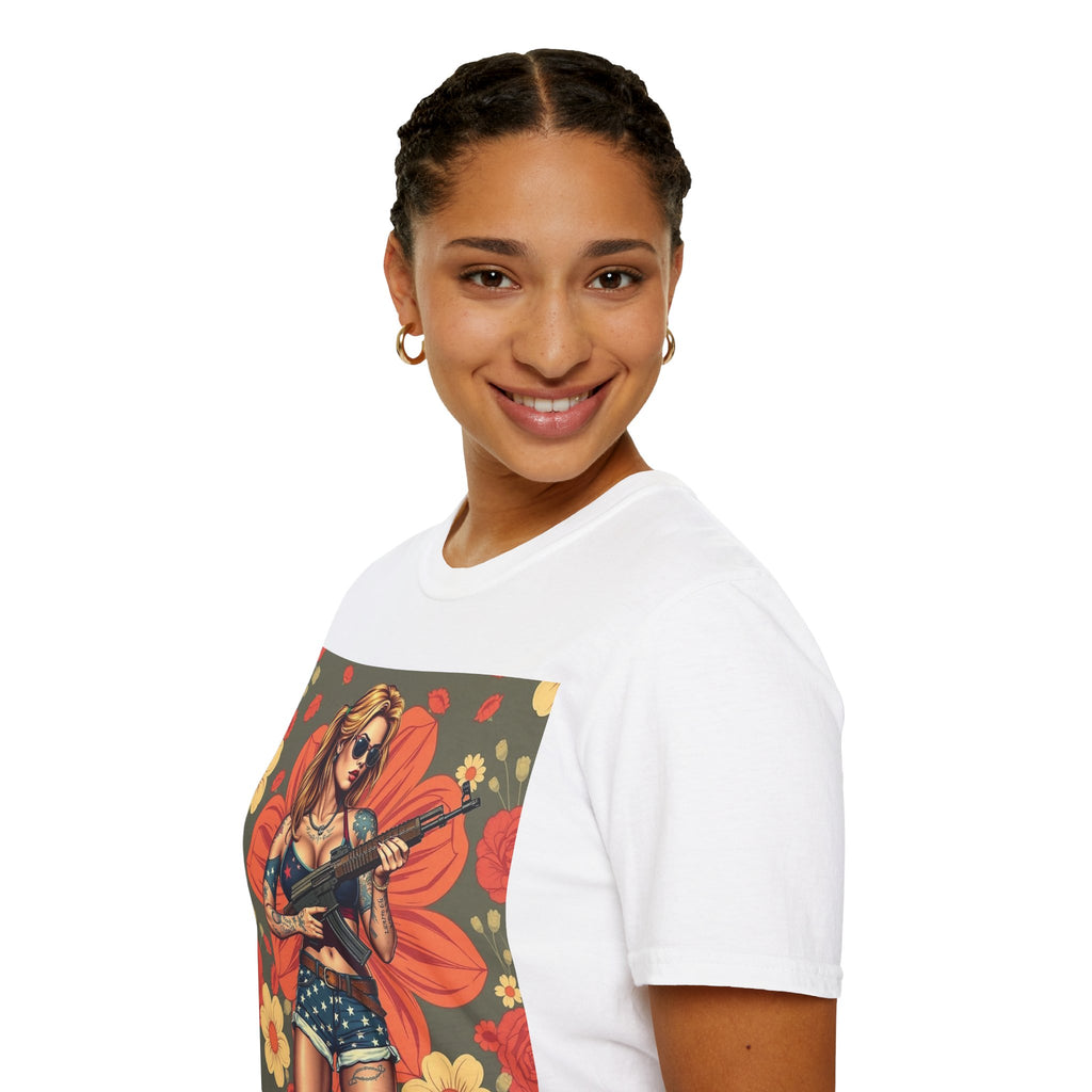 Graphic T-Shirt — Patriotic Pinup Girl with Rifle Vintage Flag Design (US Only)