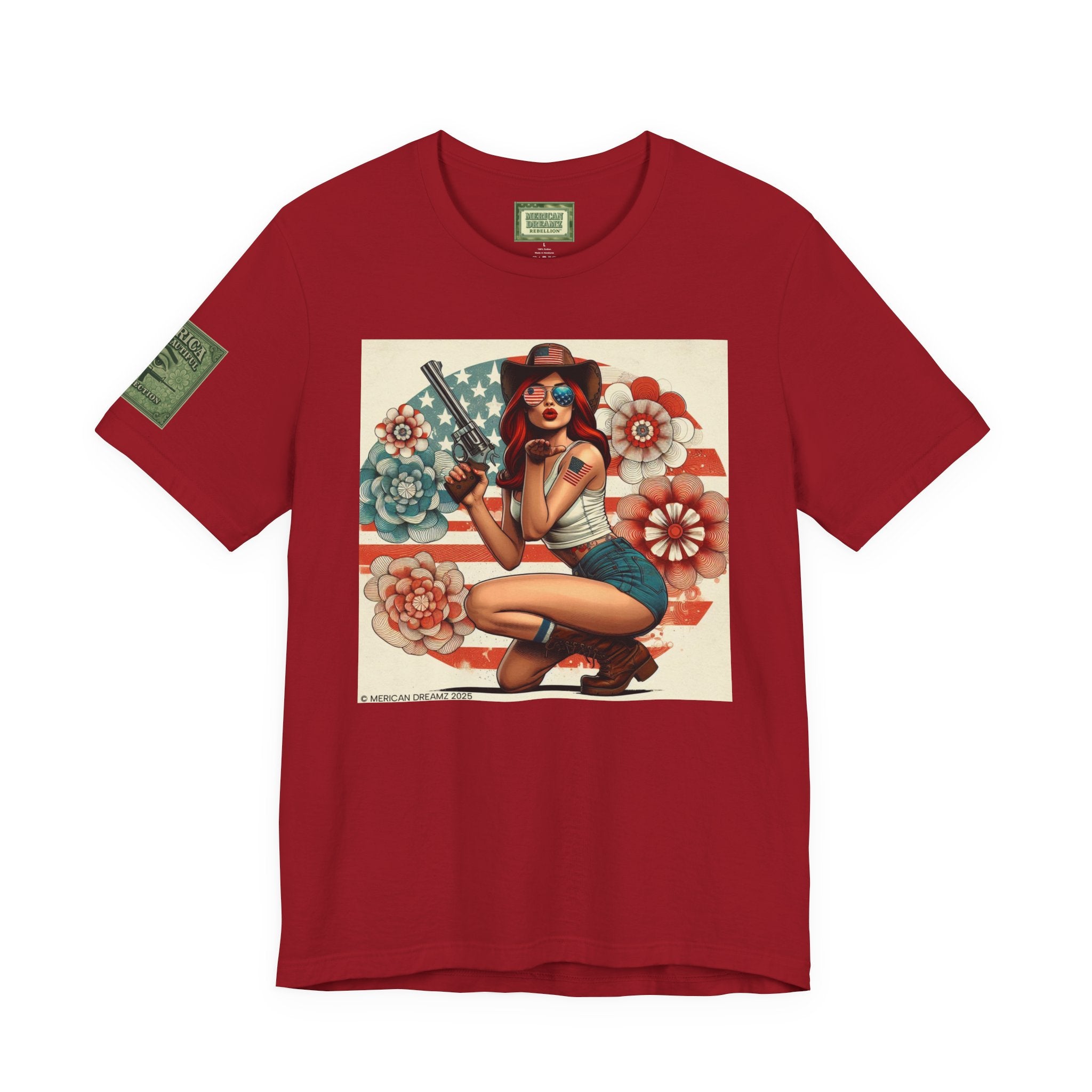 Graphic Short Sleeve Tee front and back — Retro Americana Pin-Up Cowgirls with .44 Magnum Revolvers